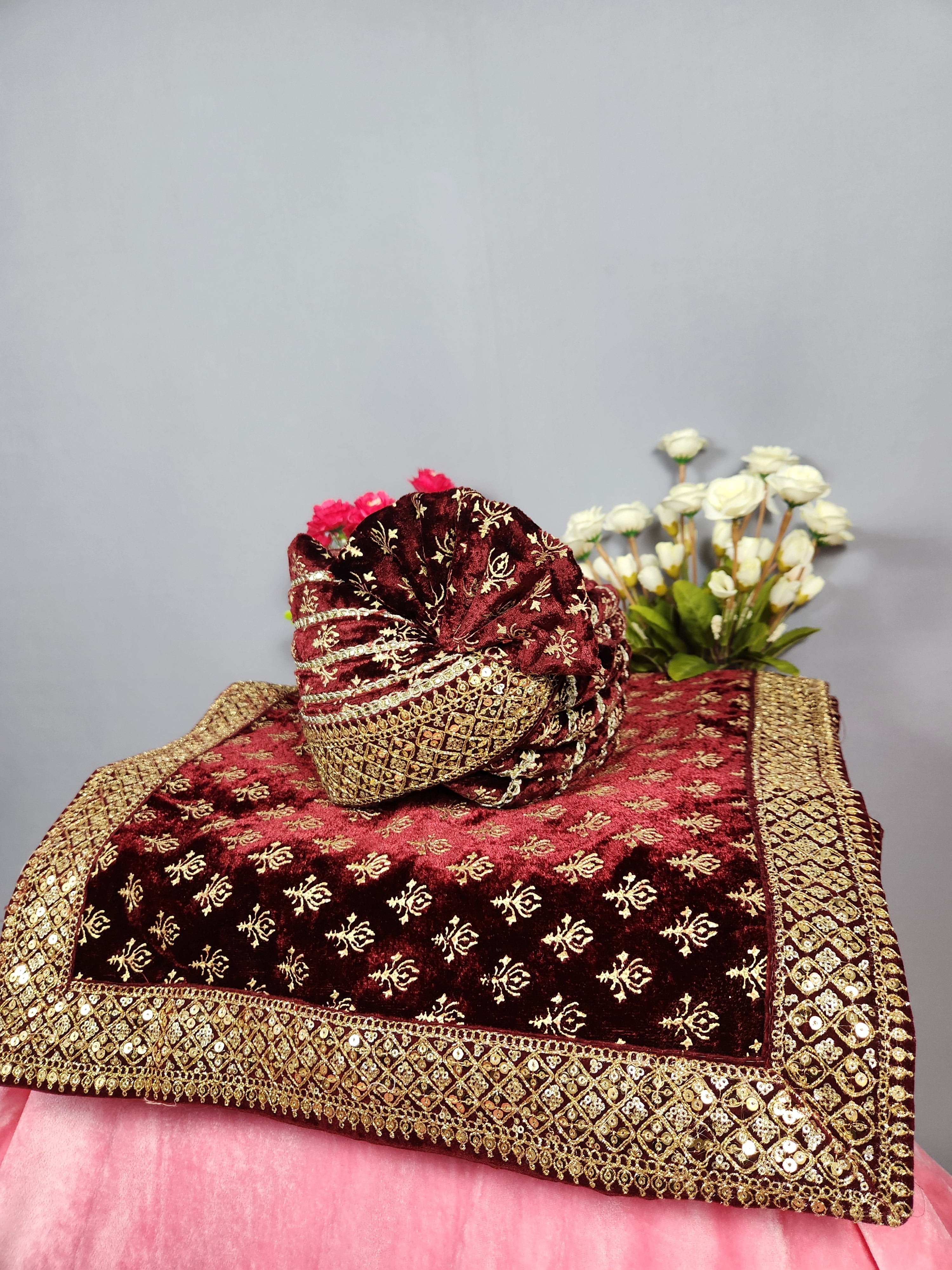 Red Groom Turban Shawl With Gold Print | Dupatta Safa Set For Men