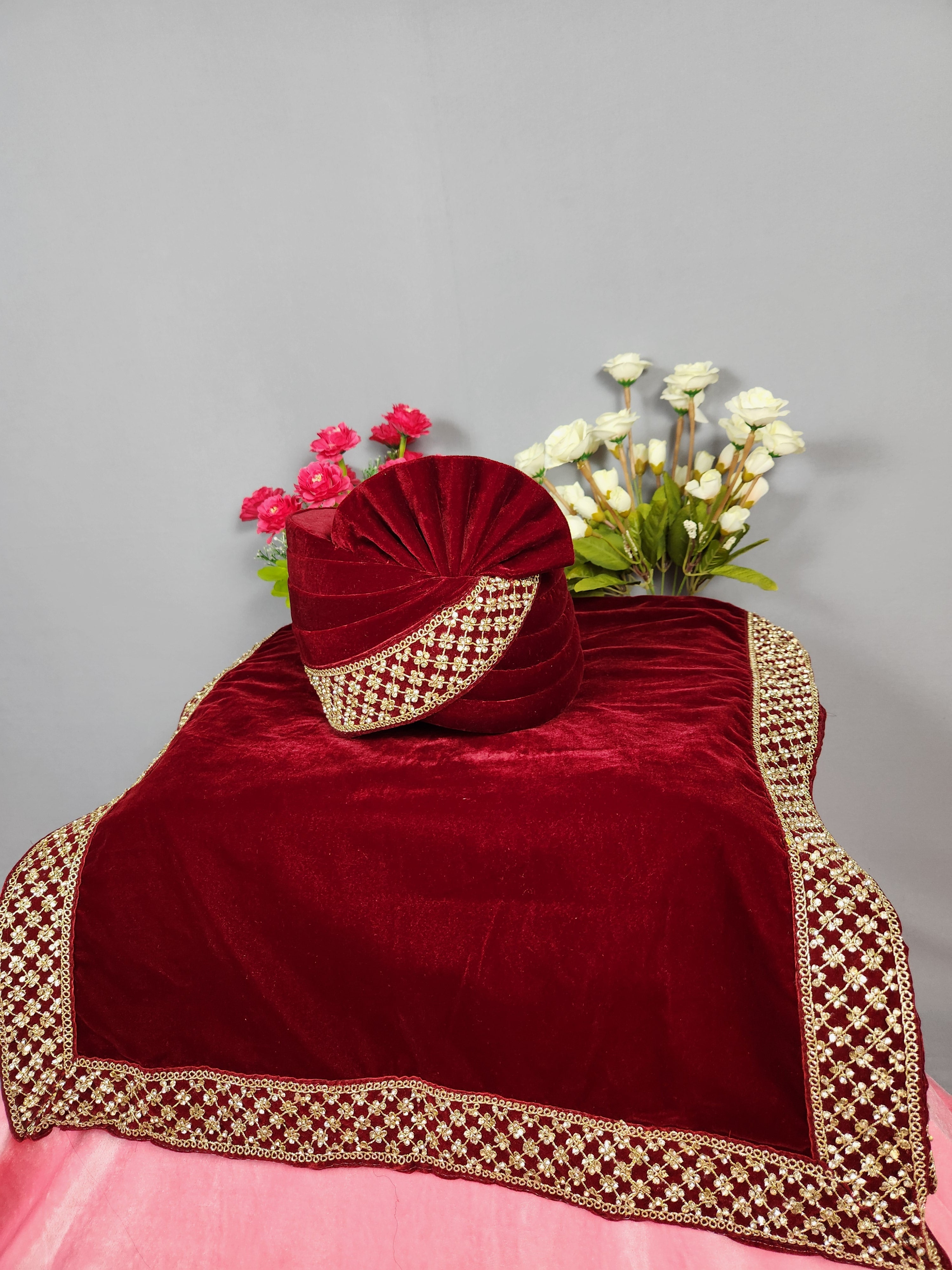 Red Groom Turban Shawl Set