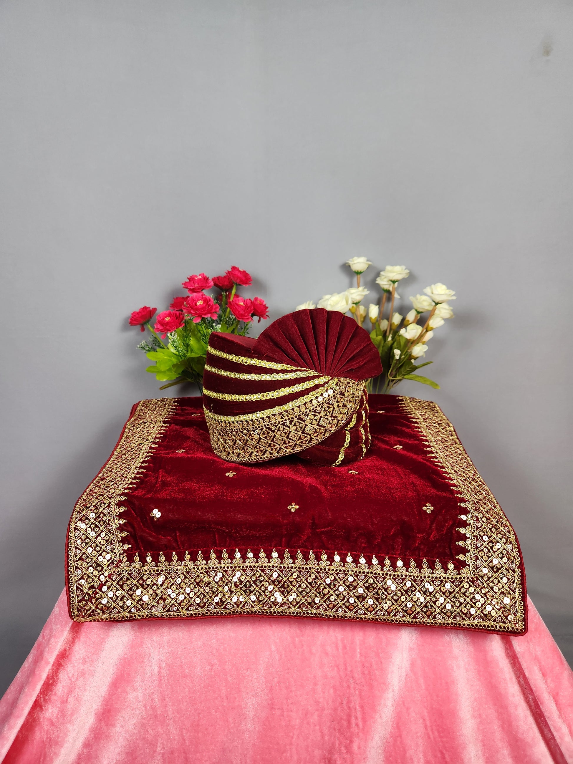 Red Groom Turban Shawl Set
