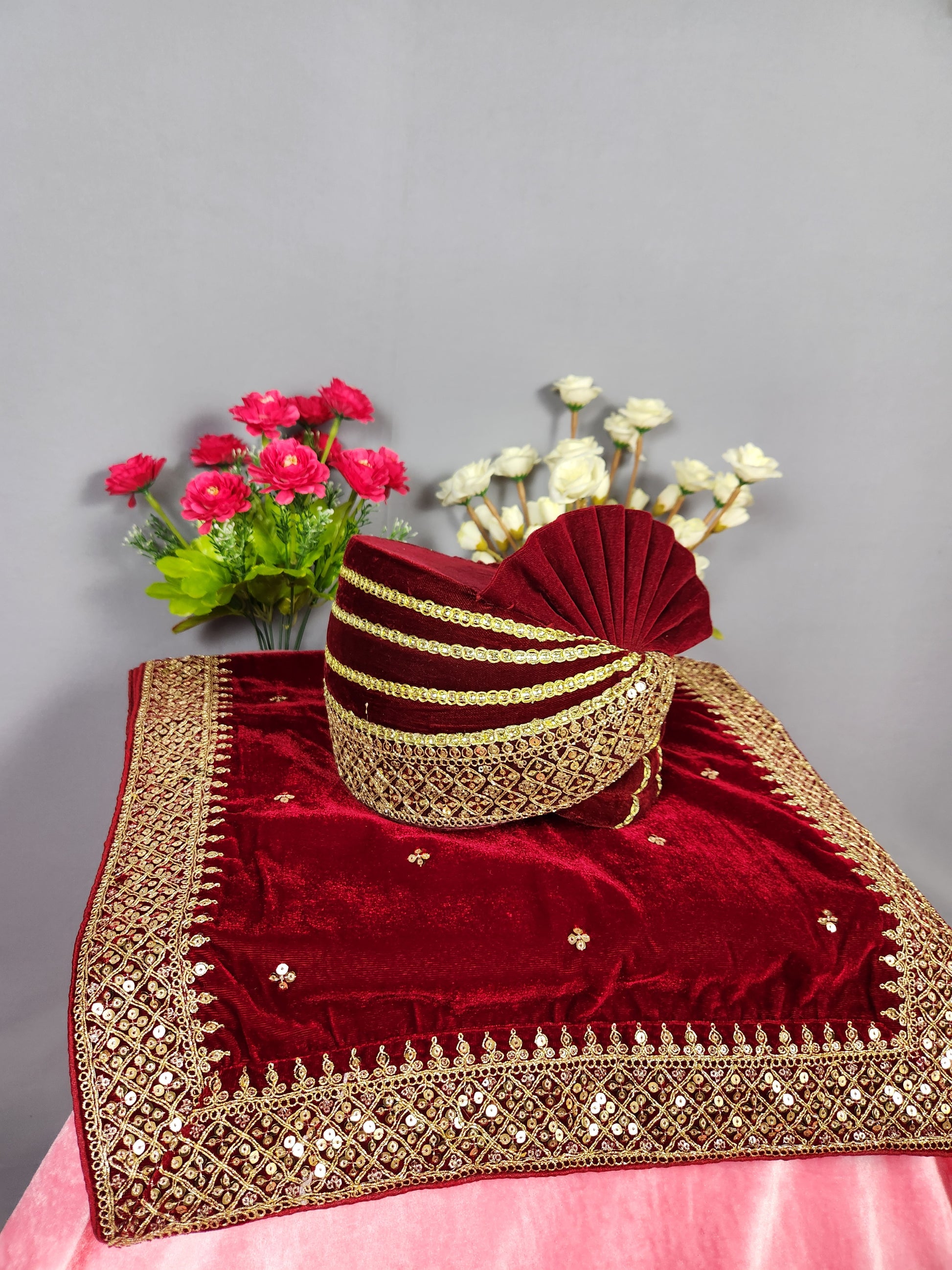 Red Groom Turban Shawl Set