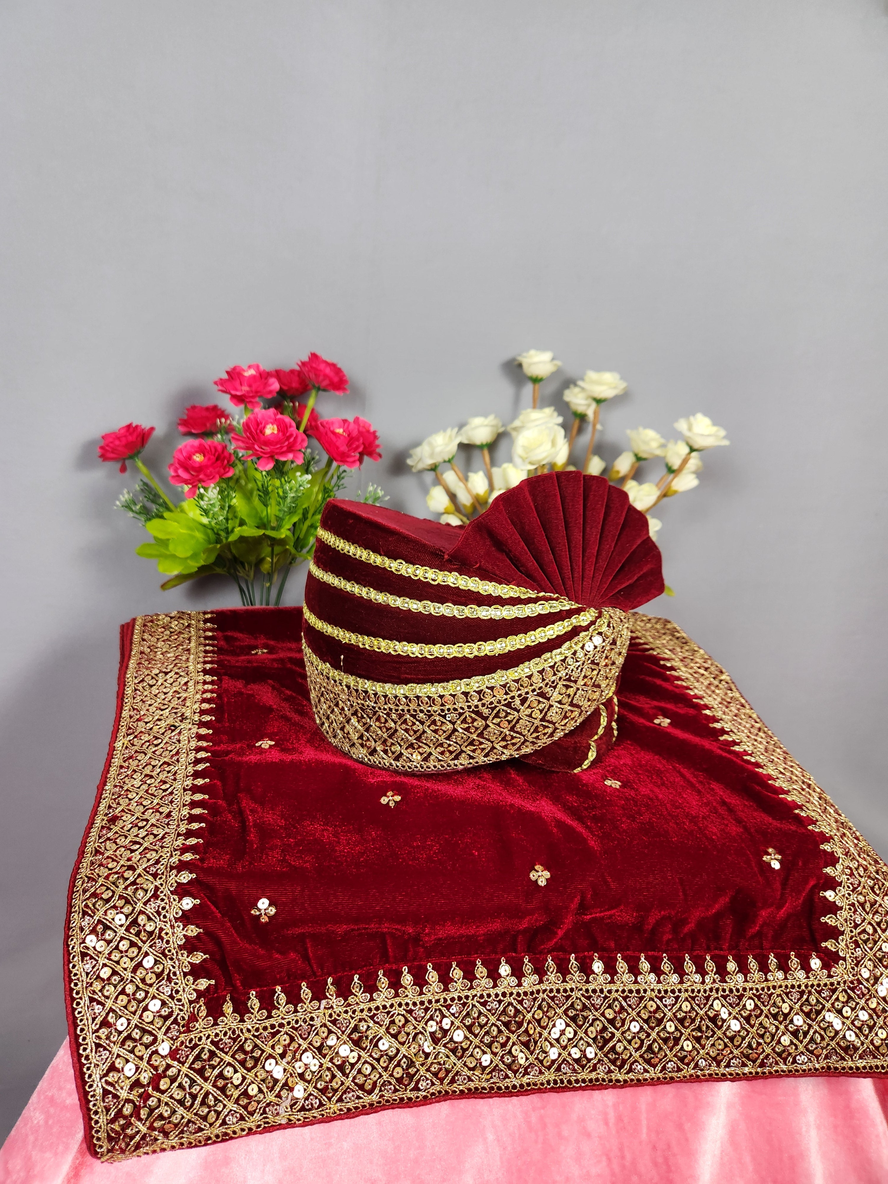 Red Groom Turban Shawl Set