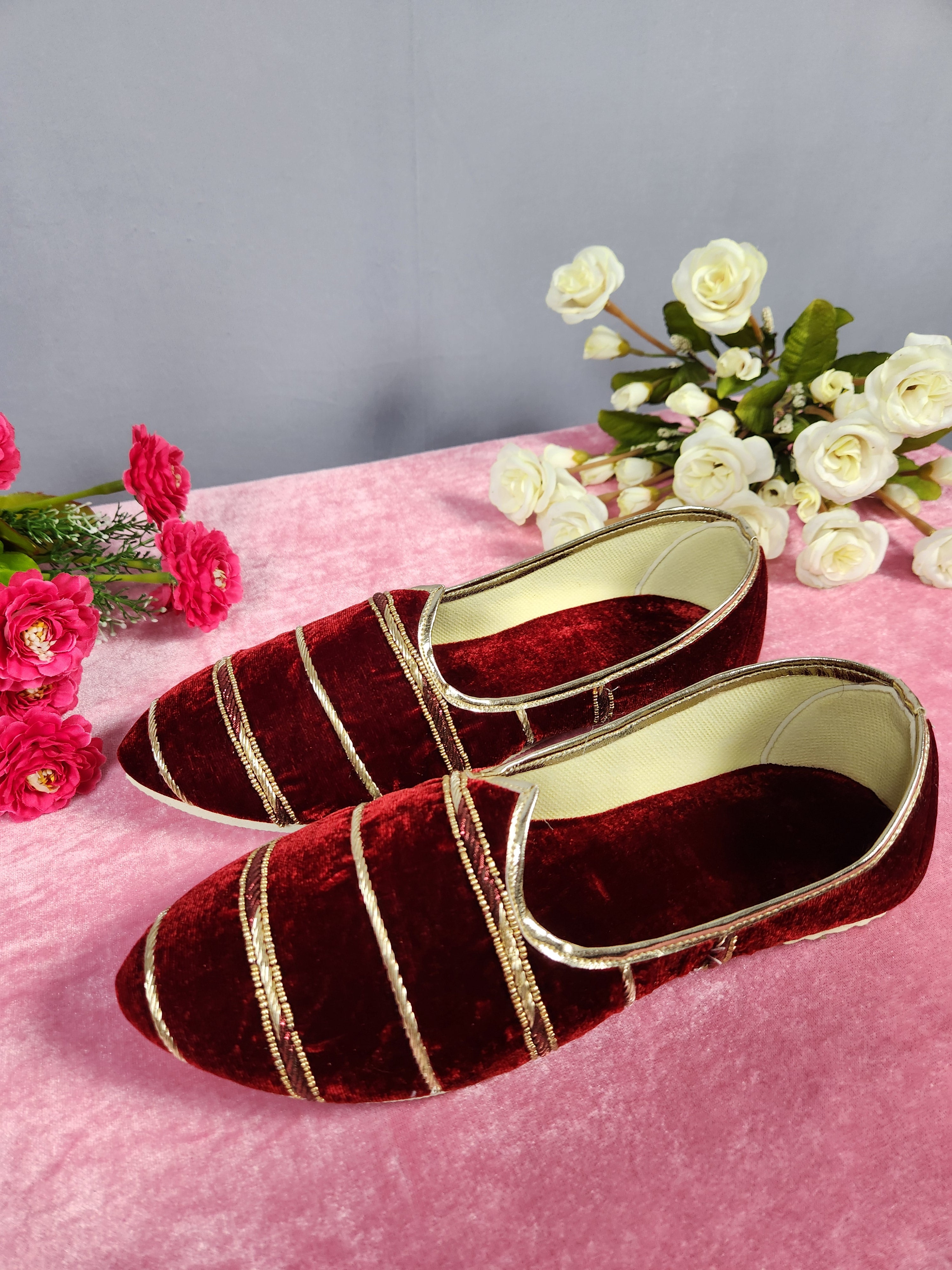 Red Velvet Ethnic Shoes for Men – Designer Indian Jutti & Mojari for Wedding