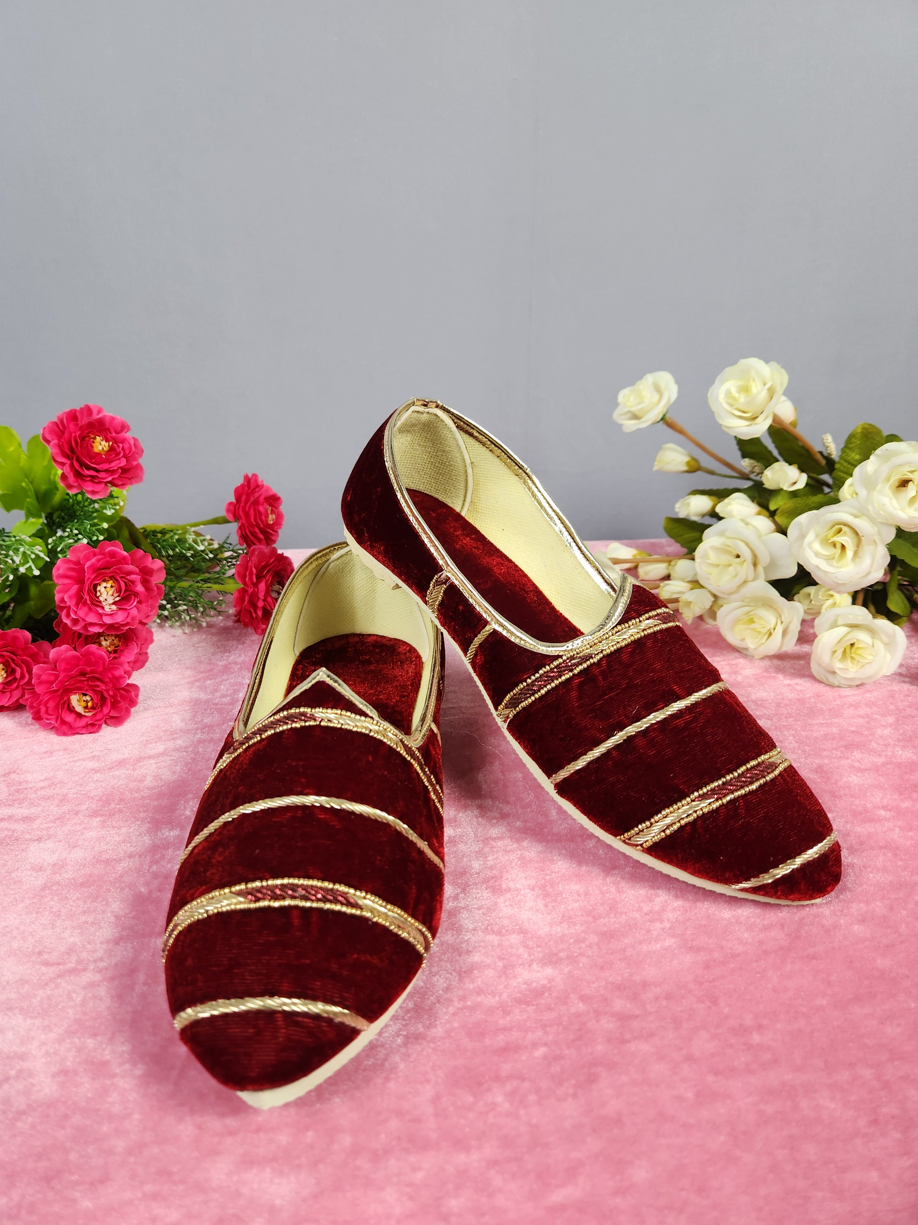 Red Velvet Ethnic Shoes for Men – Designer Indian Jutti & Mojari for Wedding