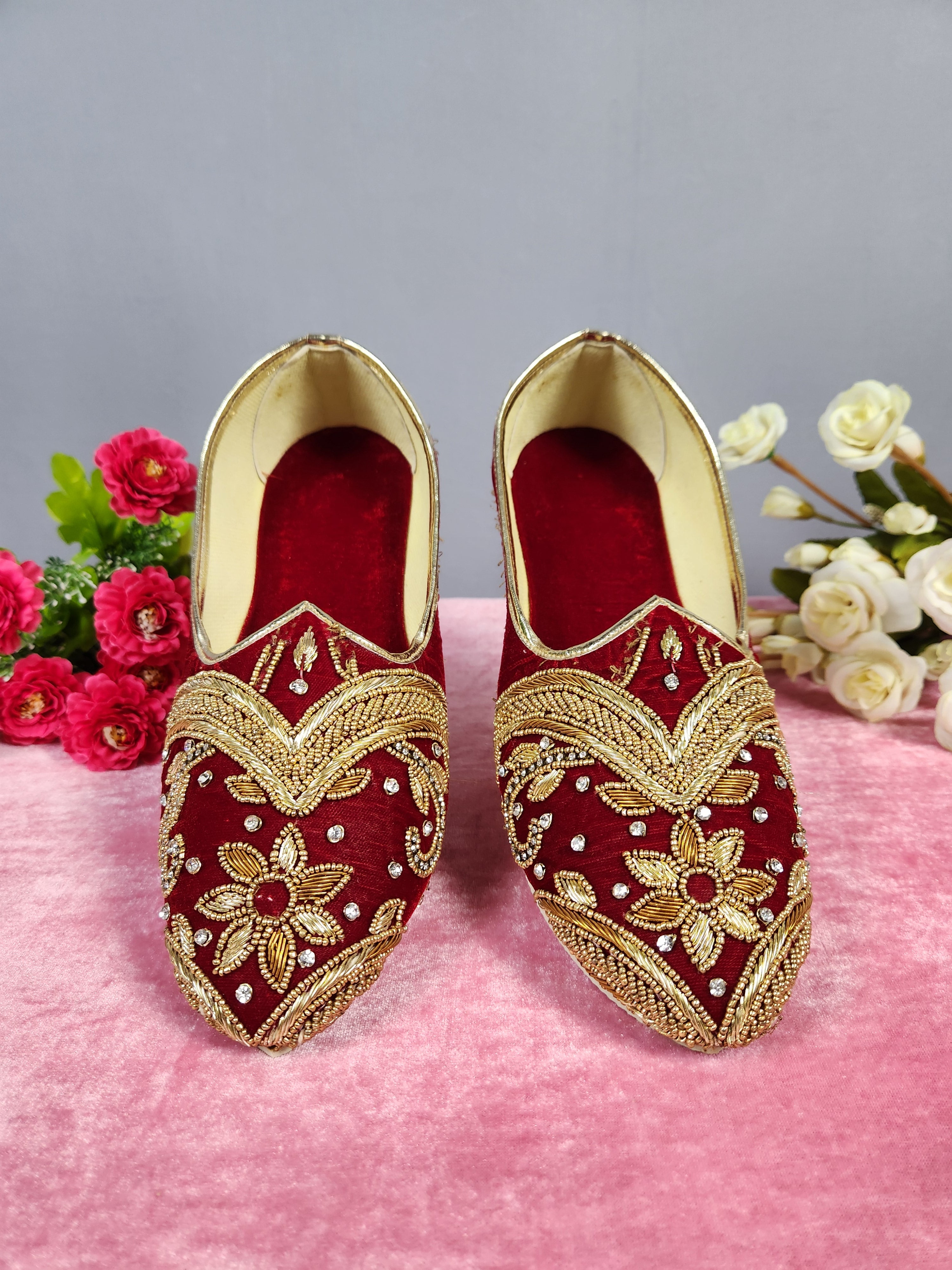 Red Velvet Ethnic Shoes for Men – Designer Indian Jutti & Mojari for Wedding