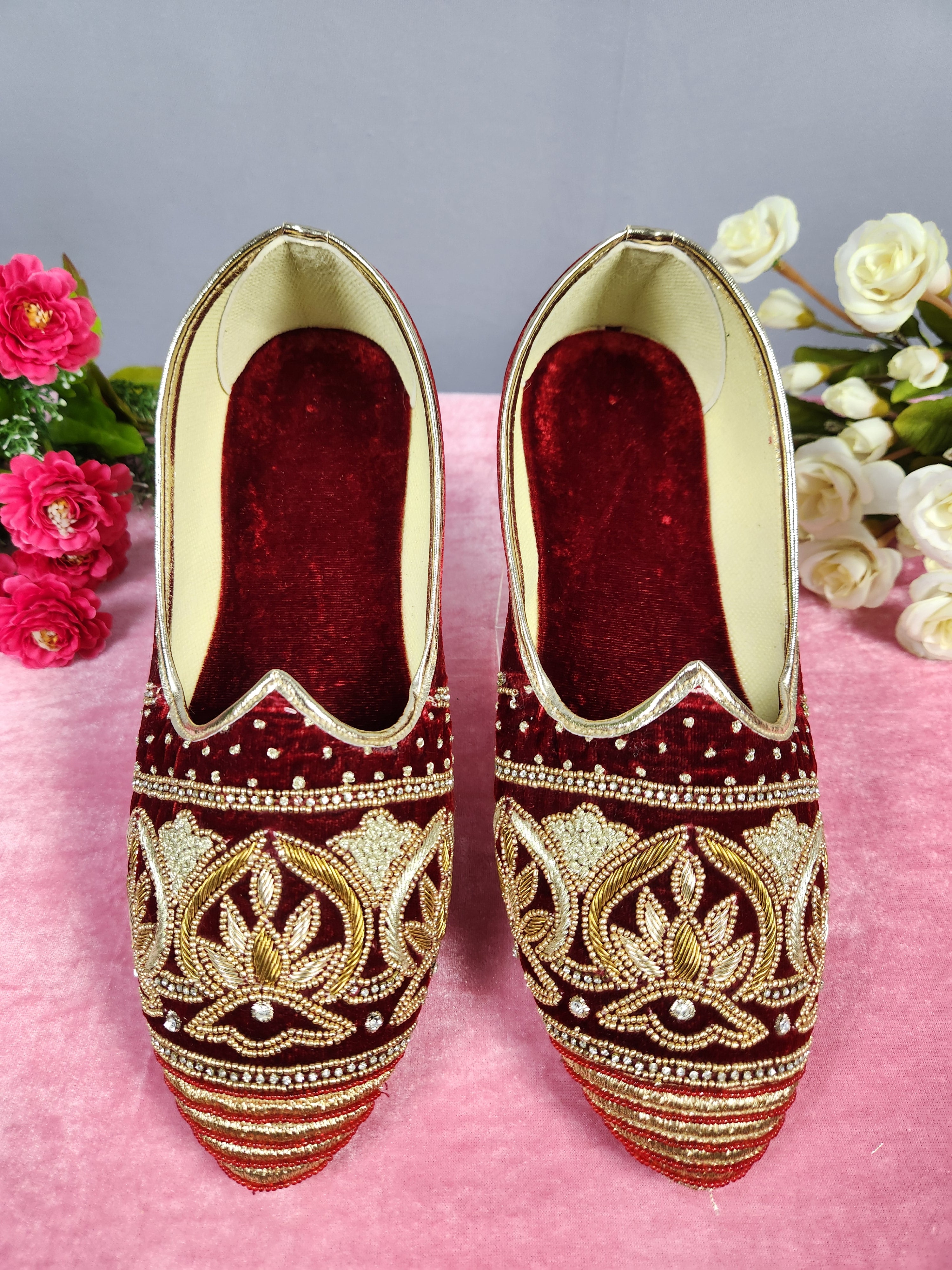 Red Velvet Ethnic Shoes for Men – Designer Indian Jutti & Mojari for Wedding