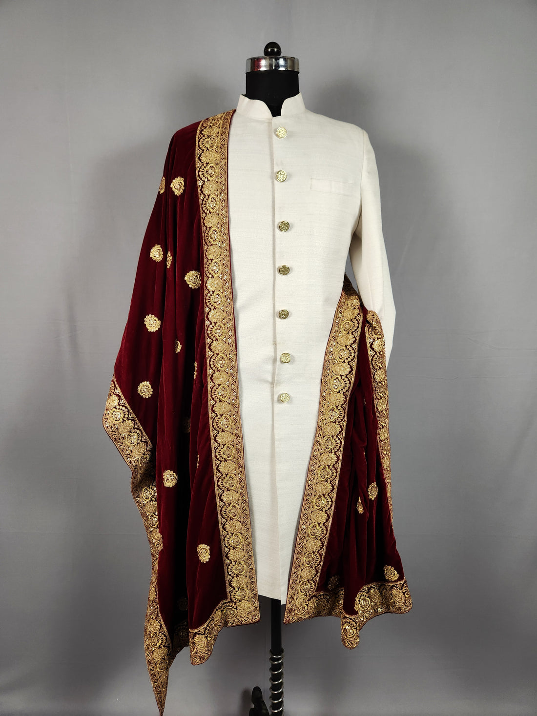 Red Velvet Groom Shawl - Gold Embroidered Wedding Sherwani Stole