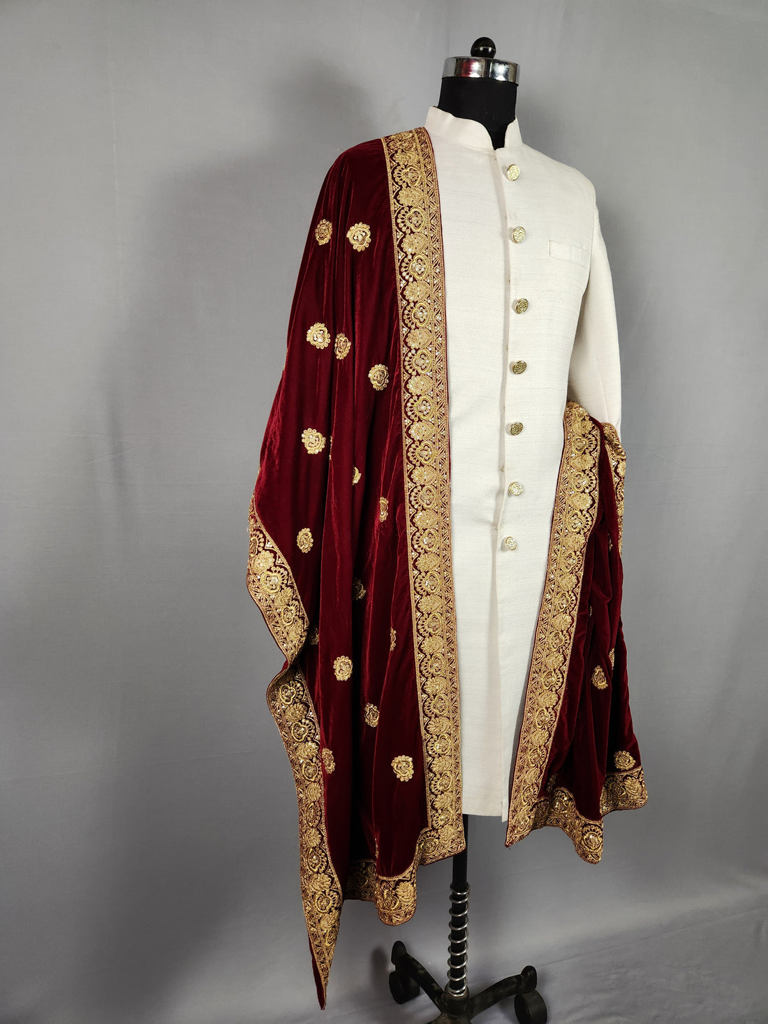 Red Velvet Groom Shawl - Gold Embroidered Wedding Sherwani Stole