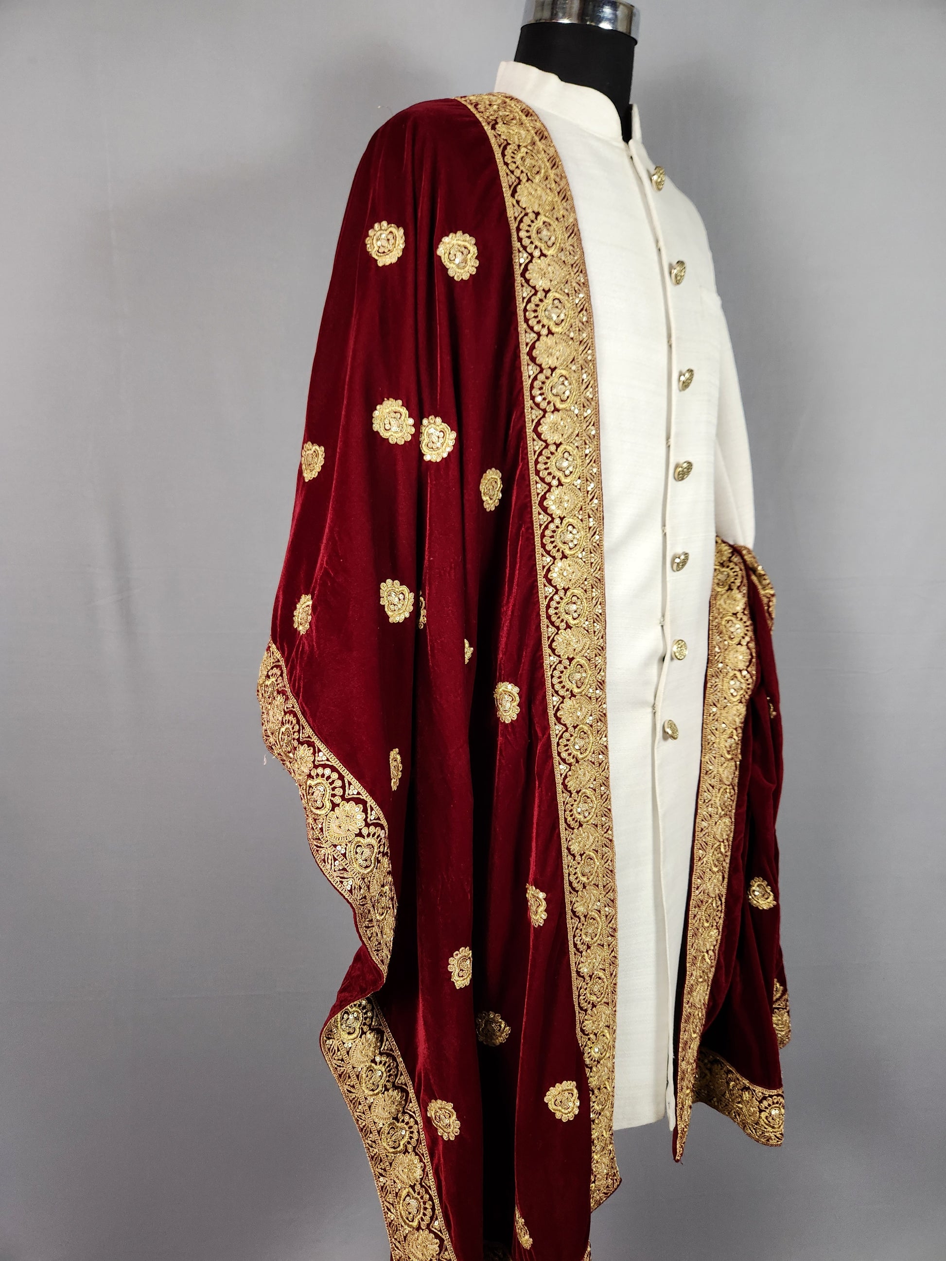 Red Velvet Groom Shawl - Gold Embroidered Wedding Sherwani Stole