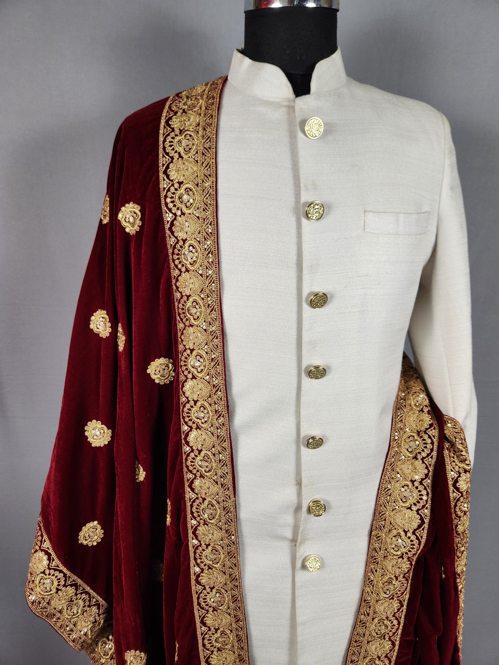 Red Velvet Groom Shawl - Gold Embroidered Wedding Sherwani Stole