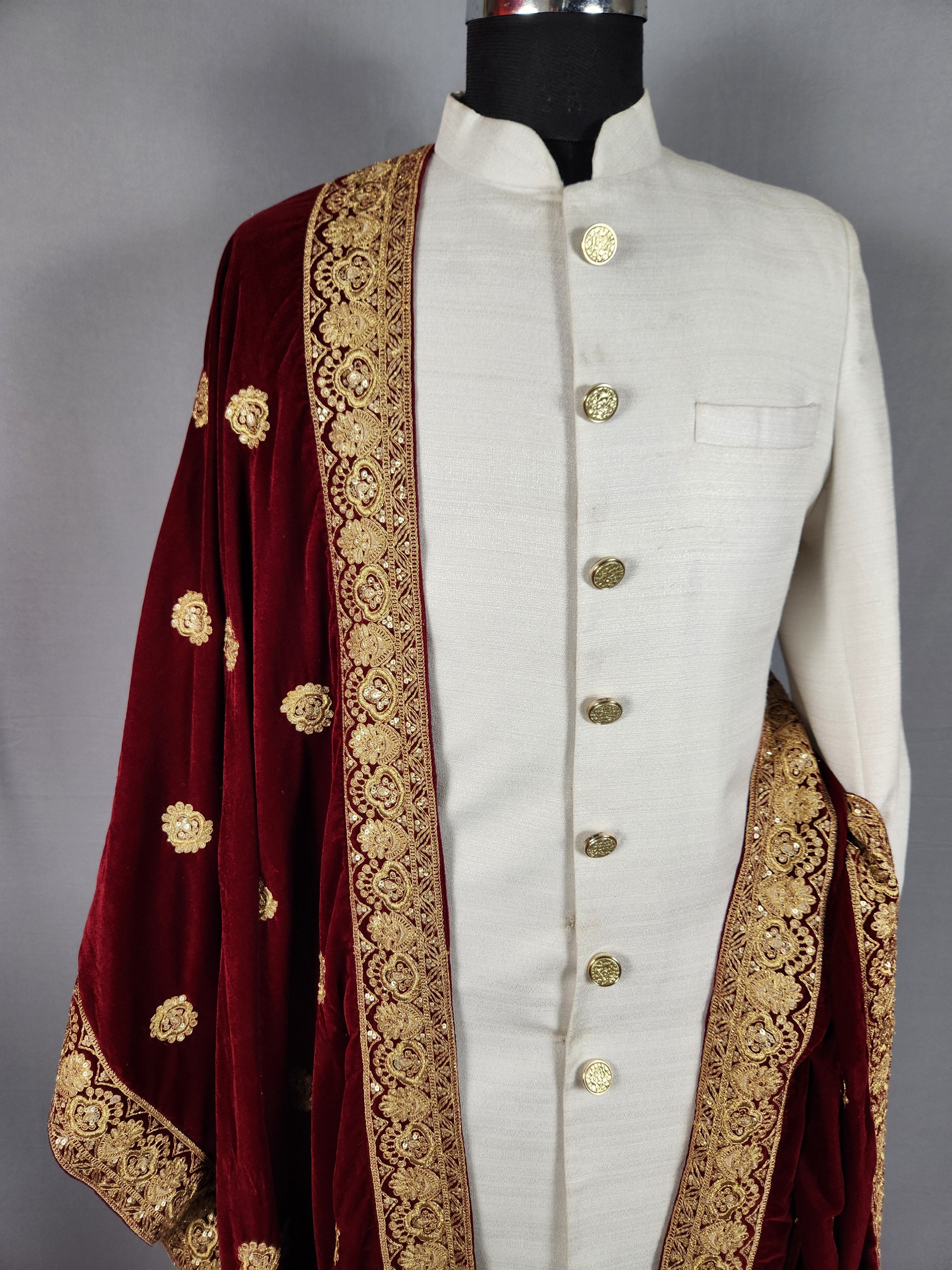Red Velvet Groom Shawl - Gold Embroidered Wedding Sherwani Stole