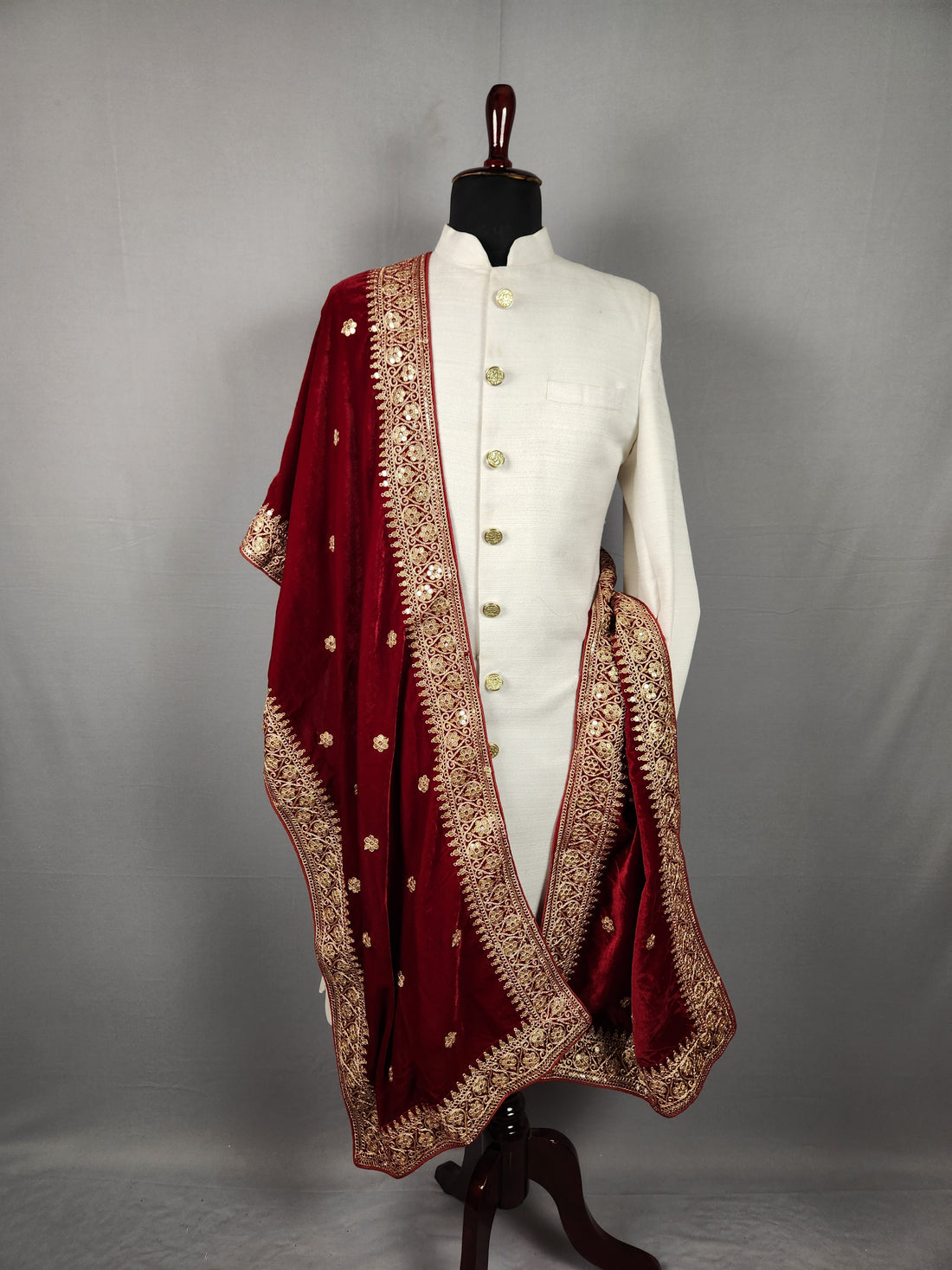 Red Groom Shawl - Golden Sequin Red Stole