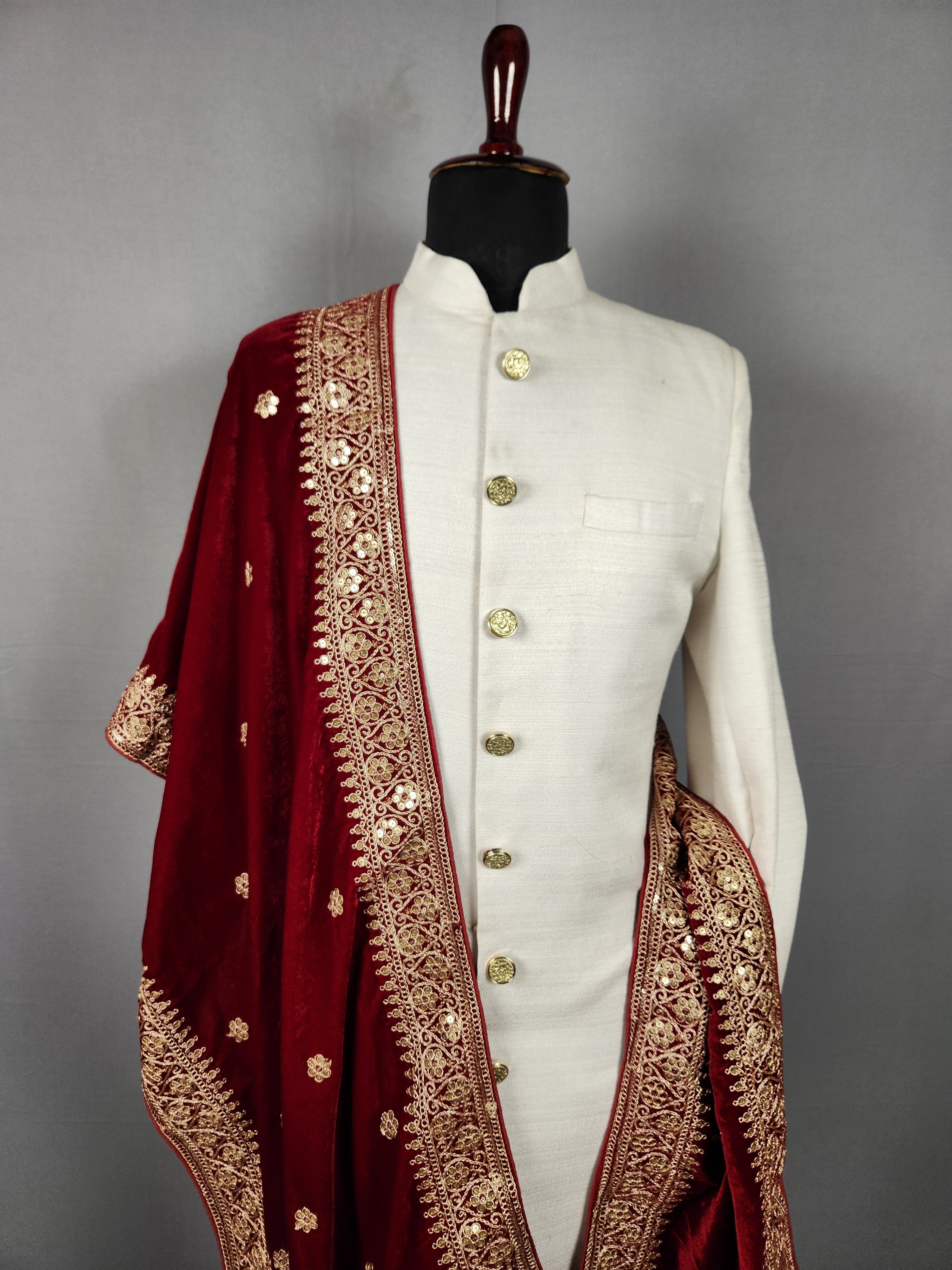 Red Groom Shawl - Golden Sequin Red Stole