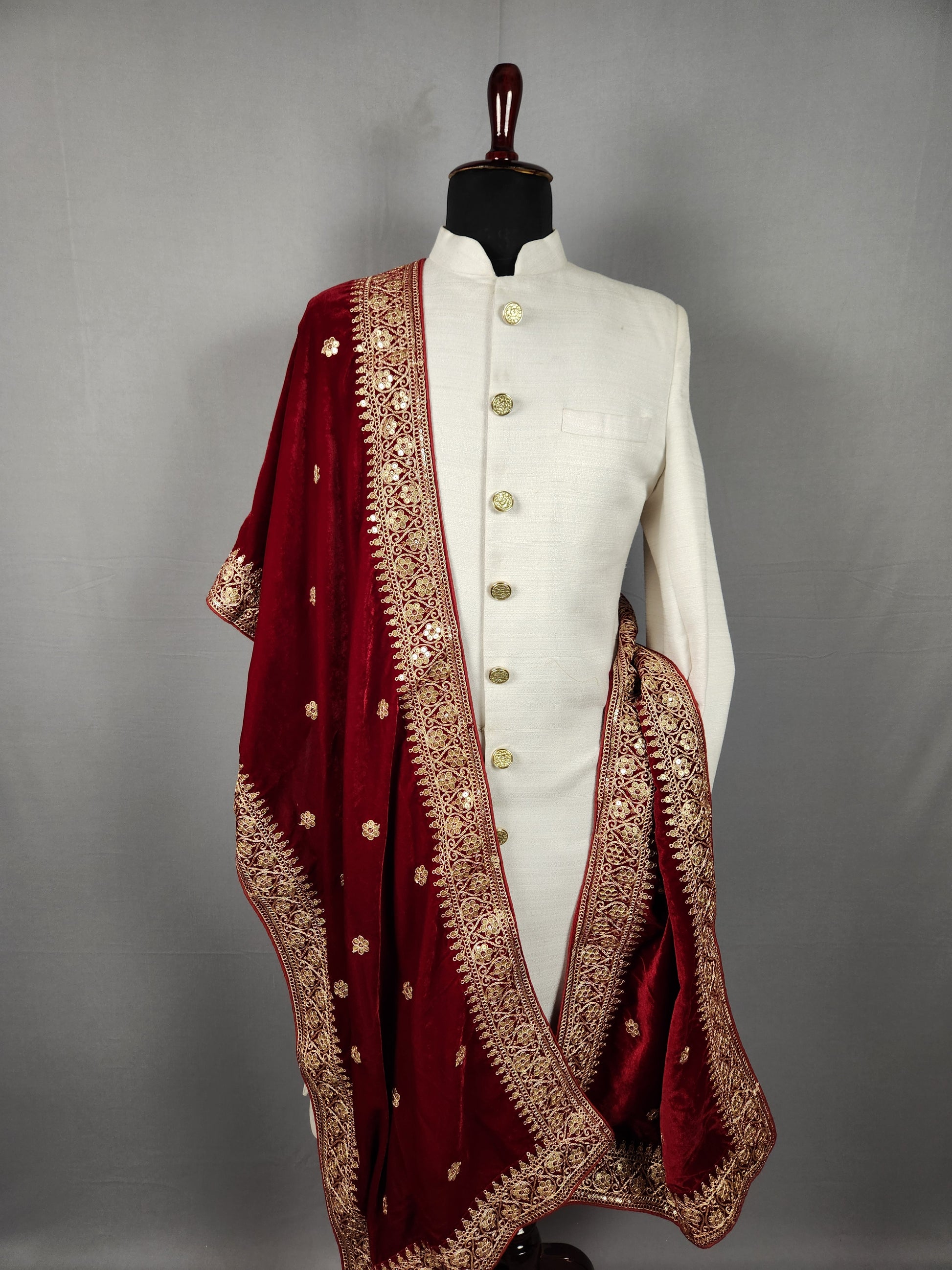 Red Groom Shawl - Golden Sequin Red Stole