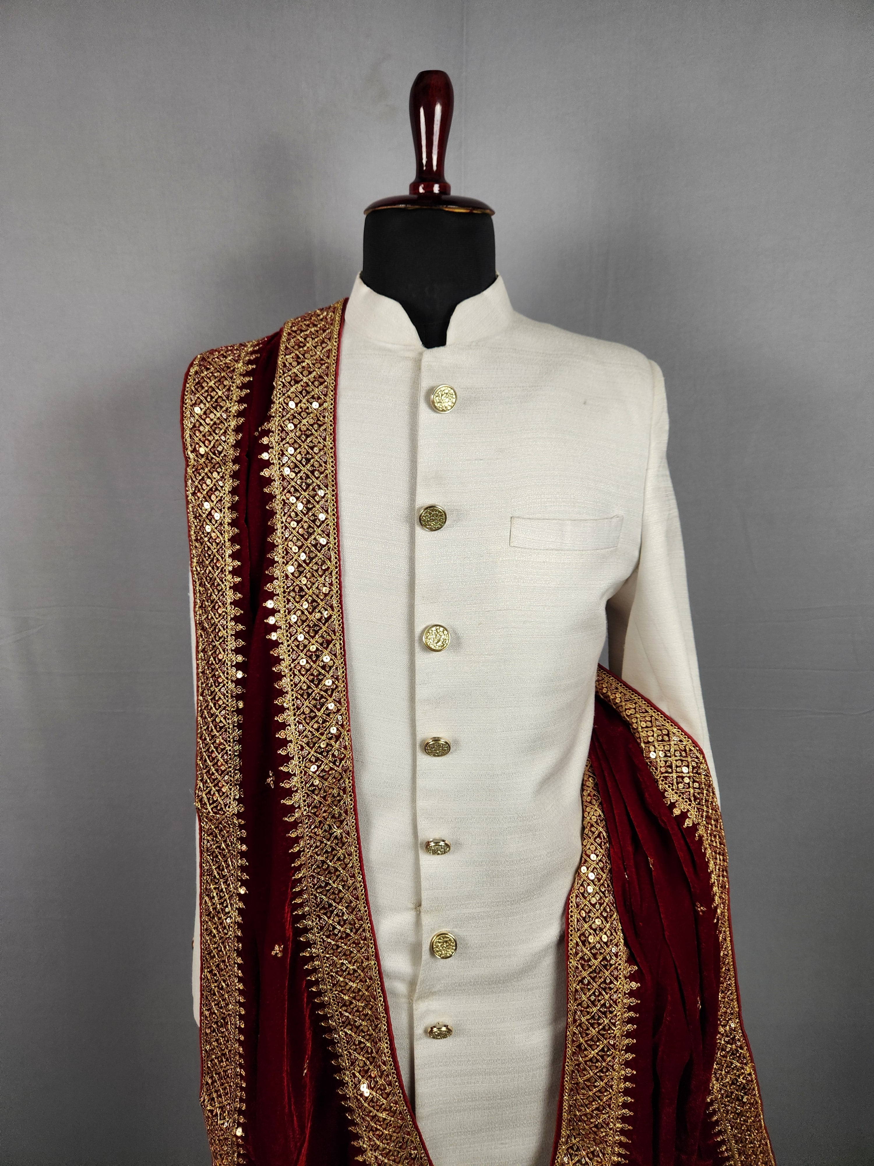 Red Groom Shawl - Gold Embroidered Red Stole
