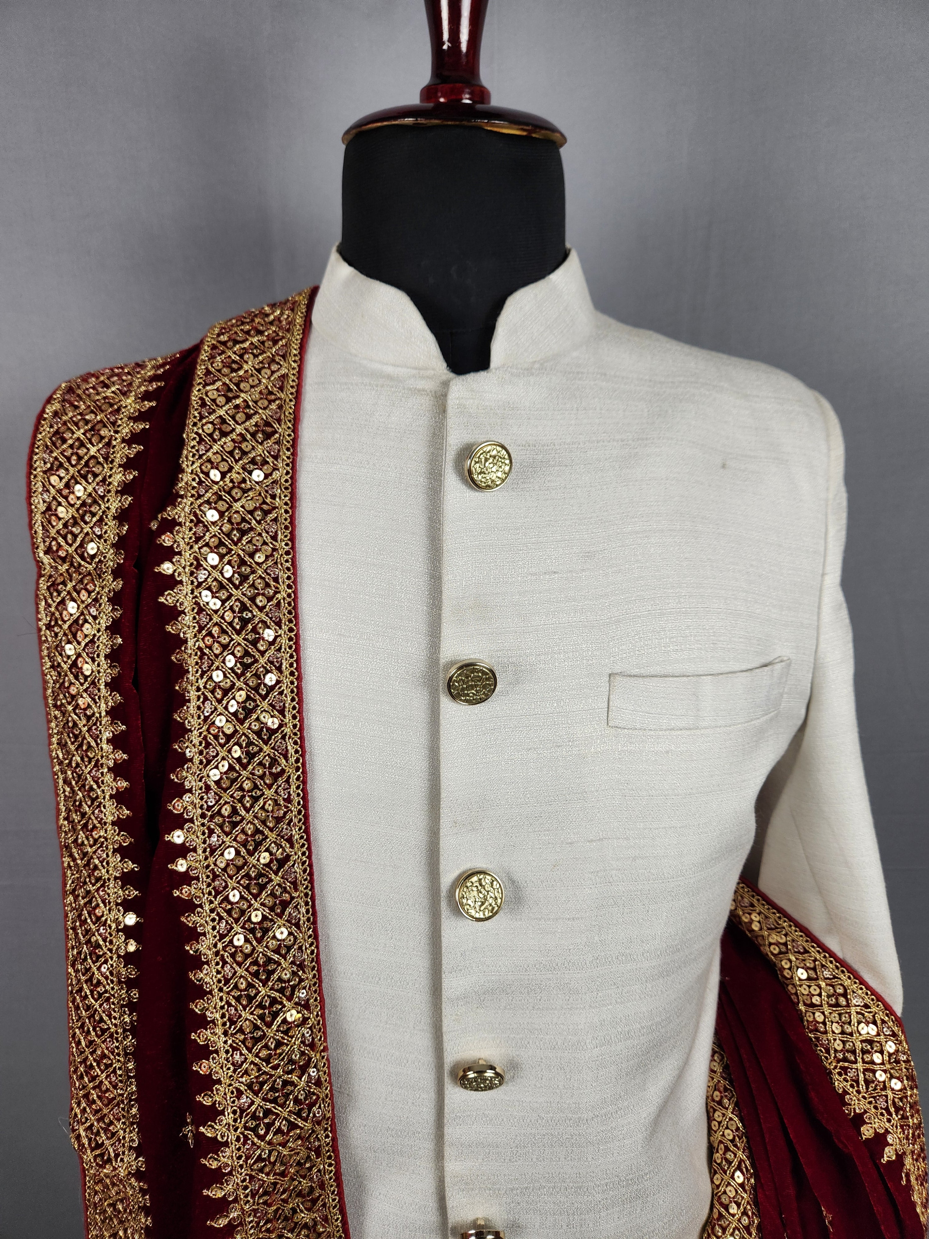 Red Groom Shawl - Gold Embroidered Red Stole