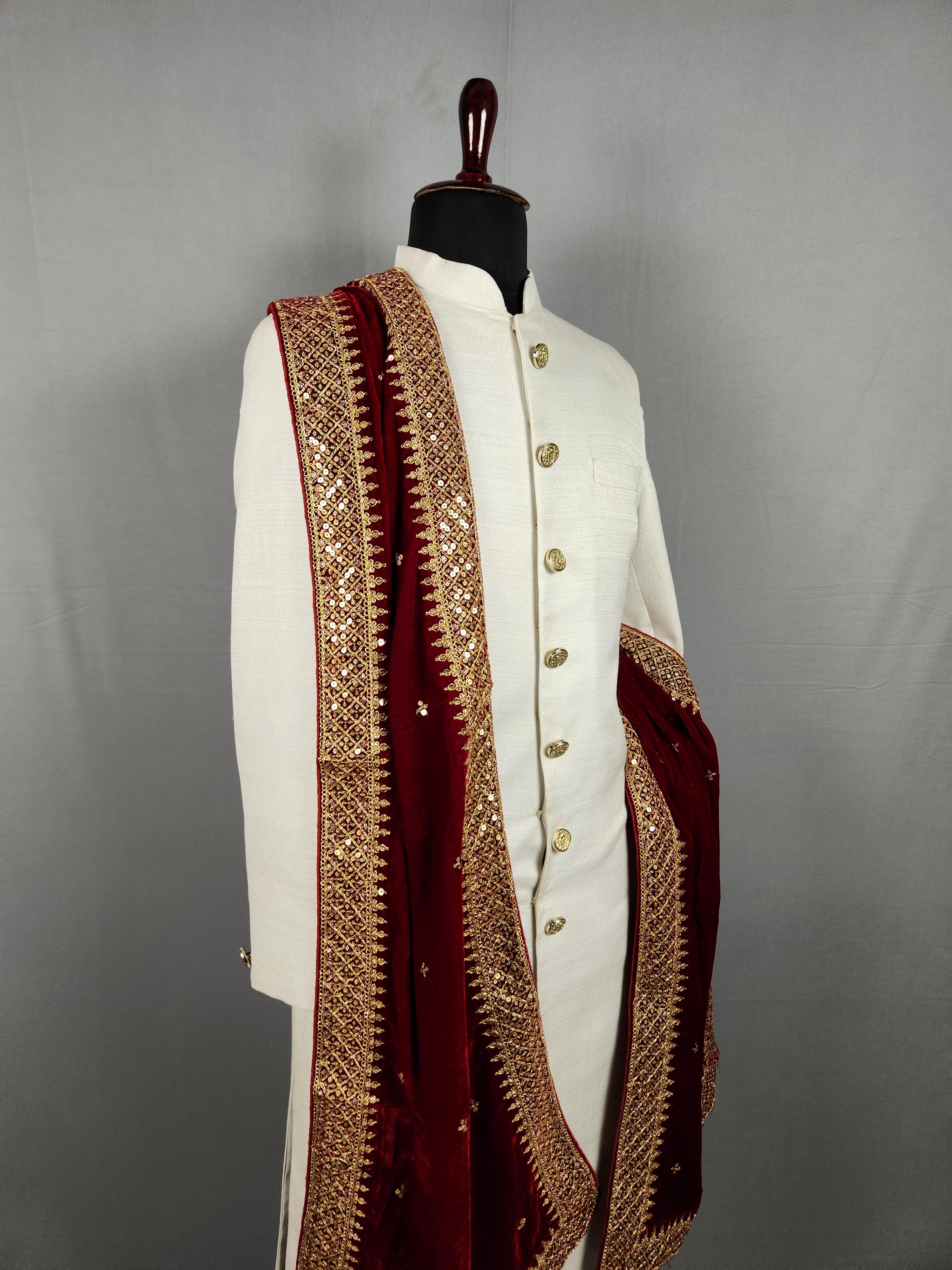 Red Groom Shawl - Gold Embroidered Red Stole