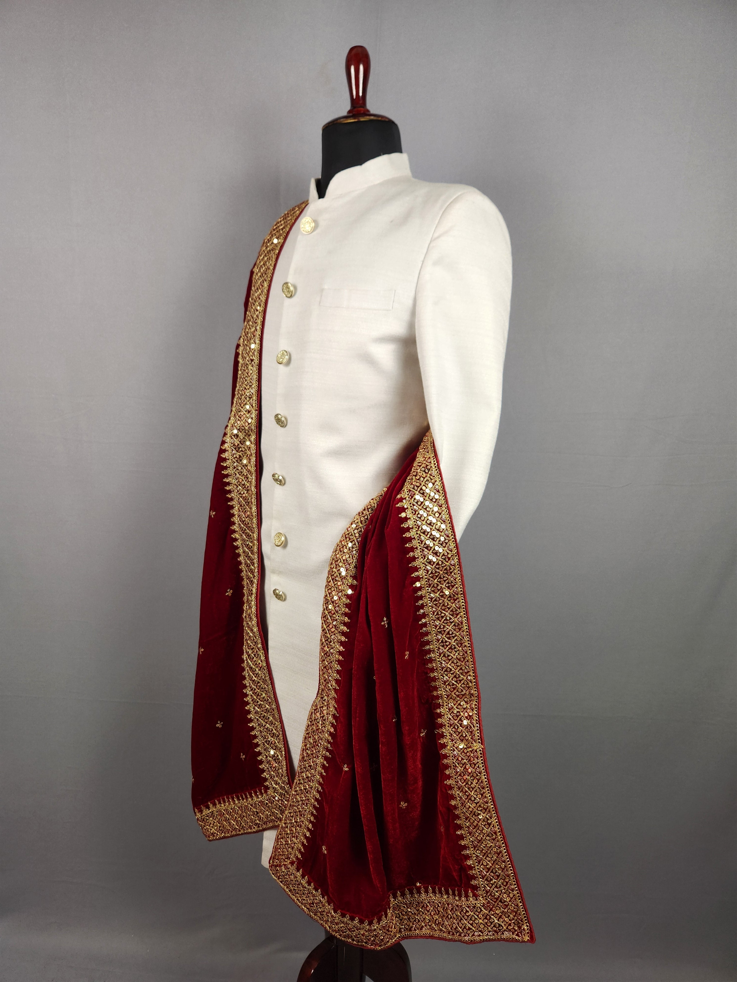 Red Groom Shawl - Gold Embroidered Red Stole