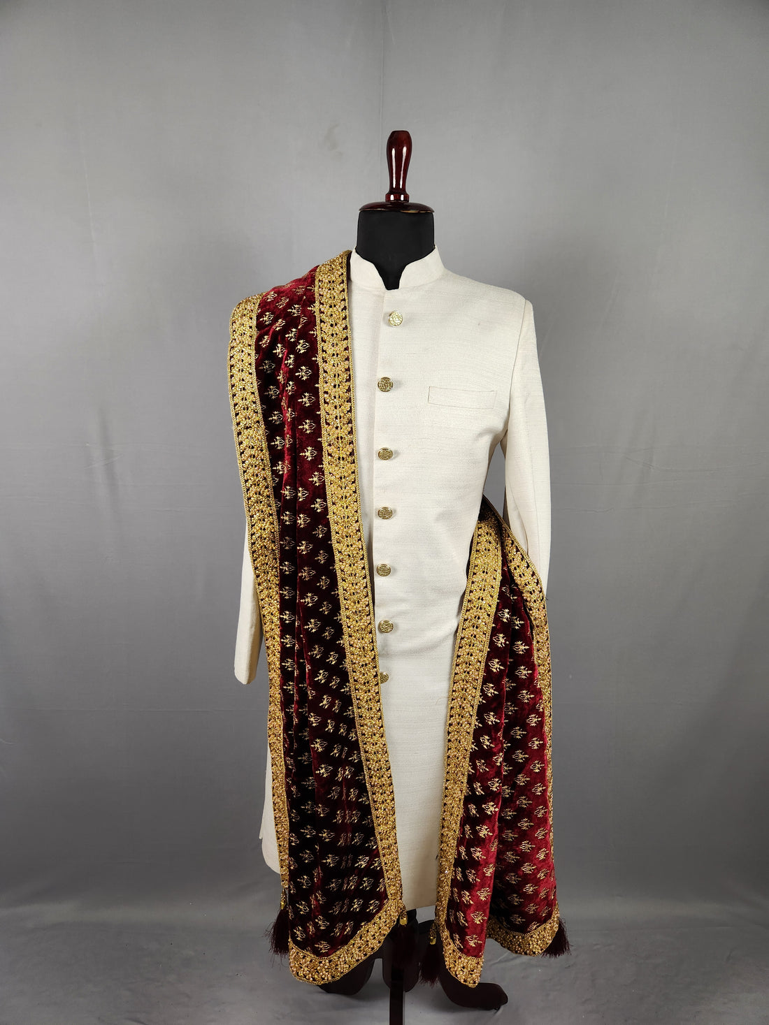 Red Gold Print Shawl Groom - Gold Embroidered Shawl