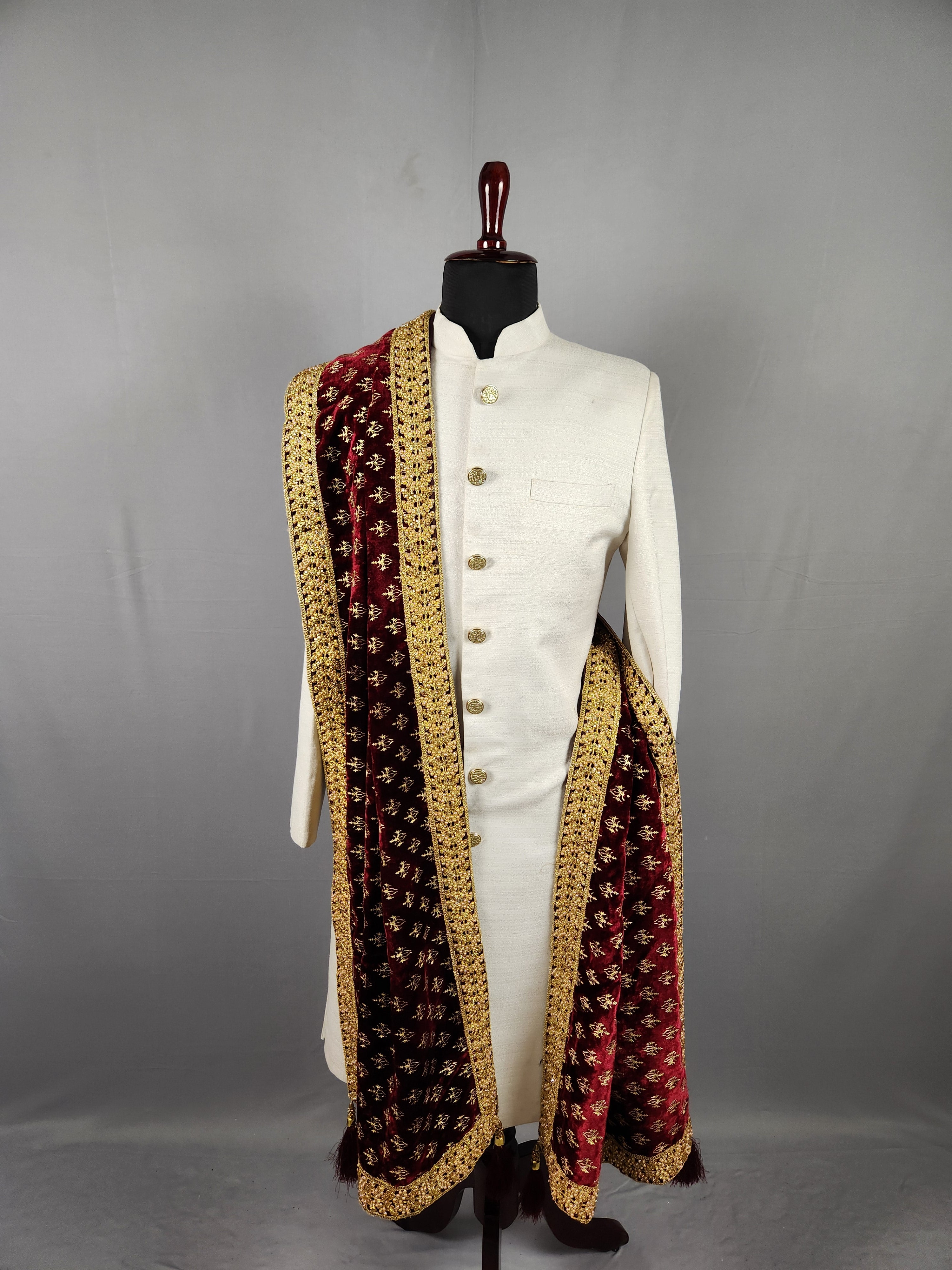 Red Gold Print Shawl Groom - Gold Embroidered Shawl