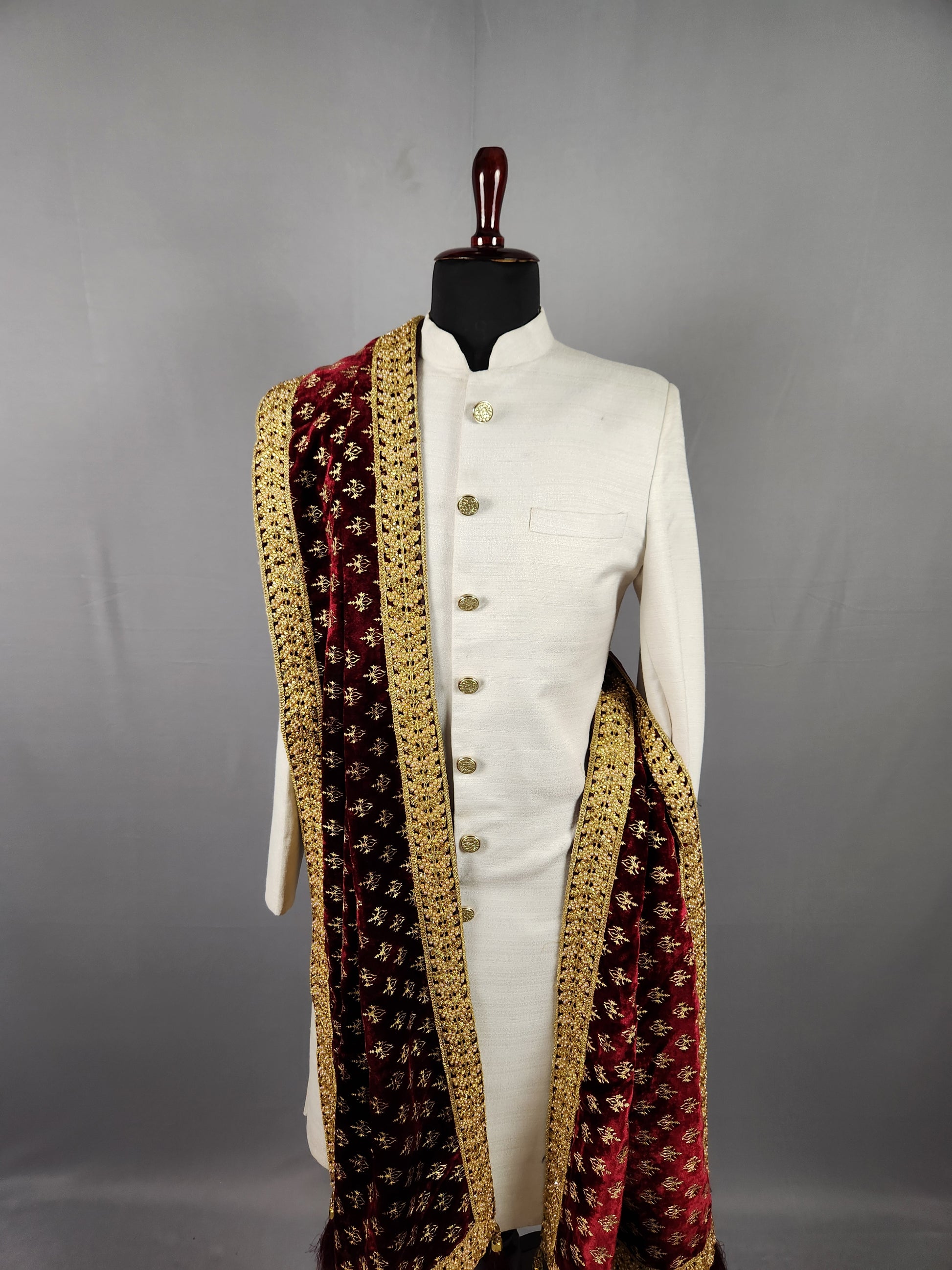 Red Gold Print Shawl Groom - Gold Embroidered Shawl