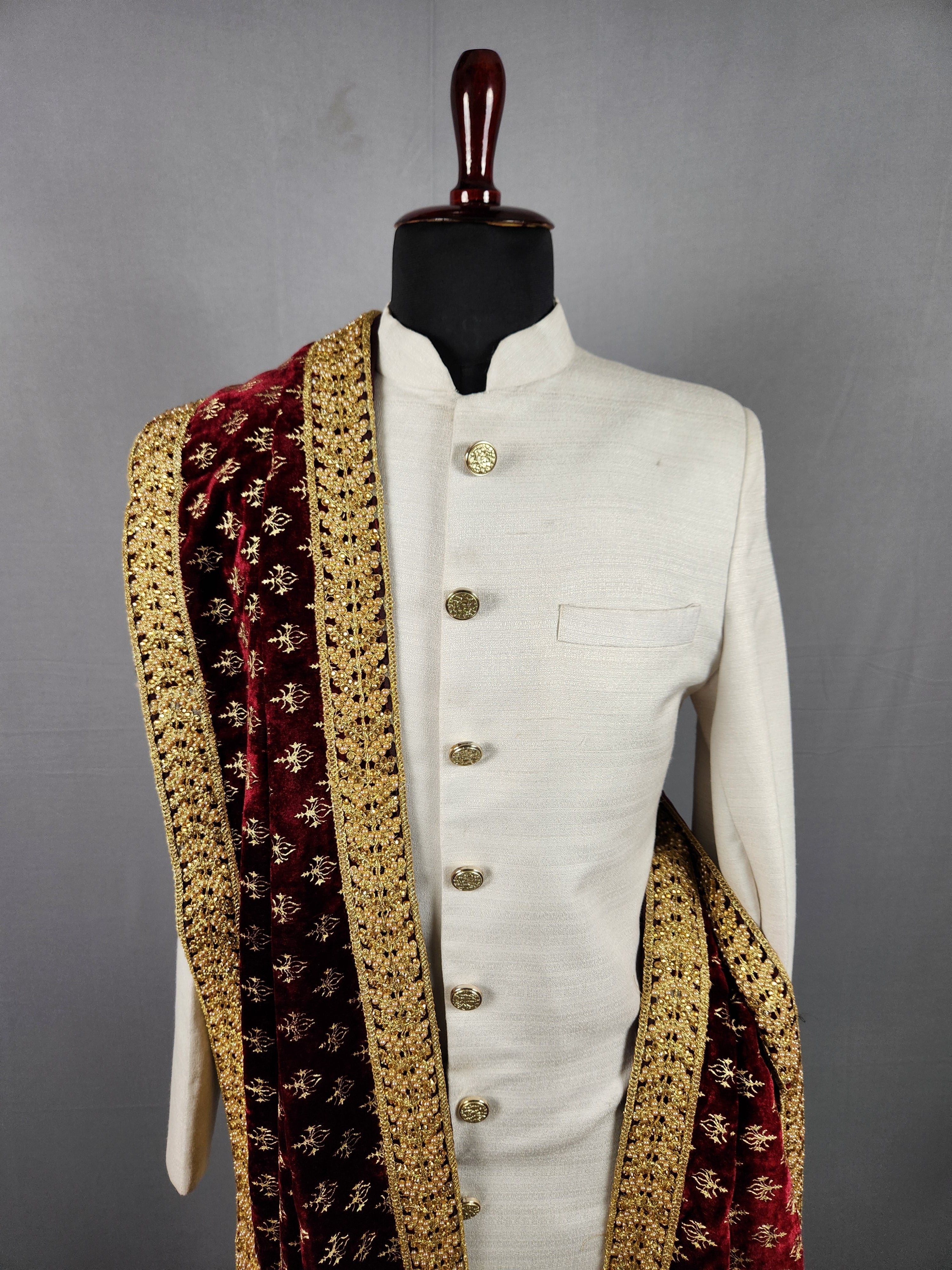 Red Gold Print Shawl Groom - Gold Embroidered Shawl