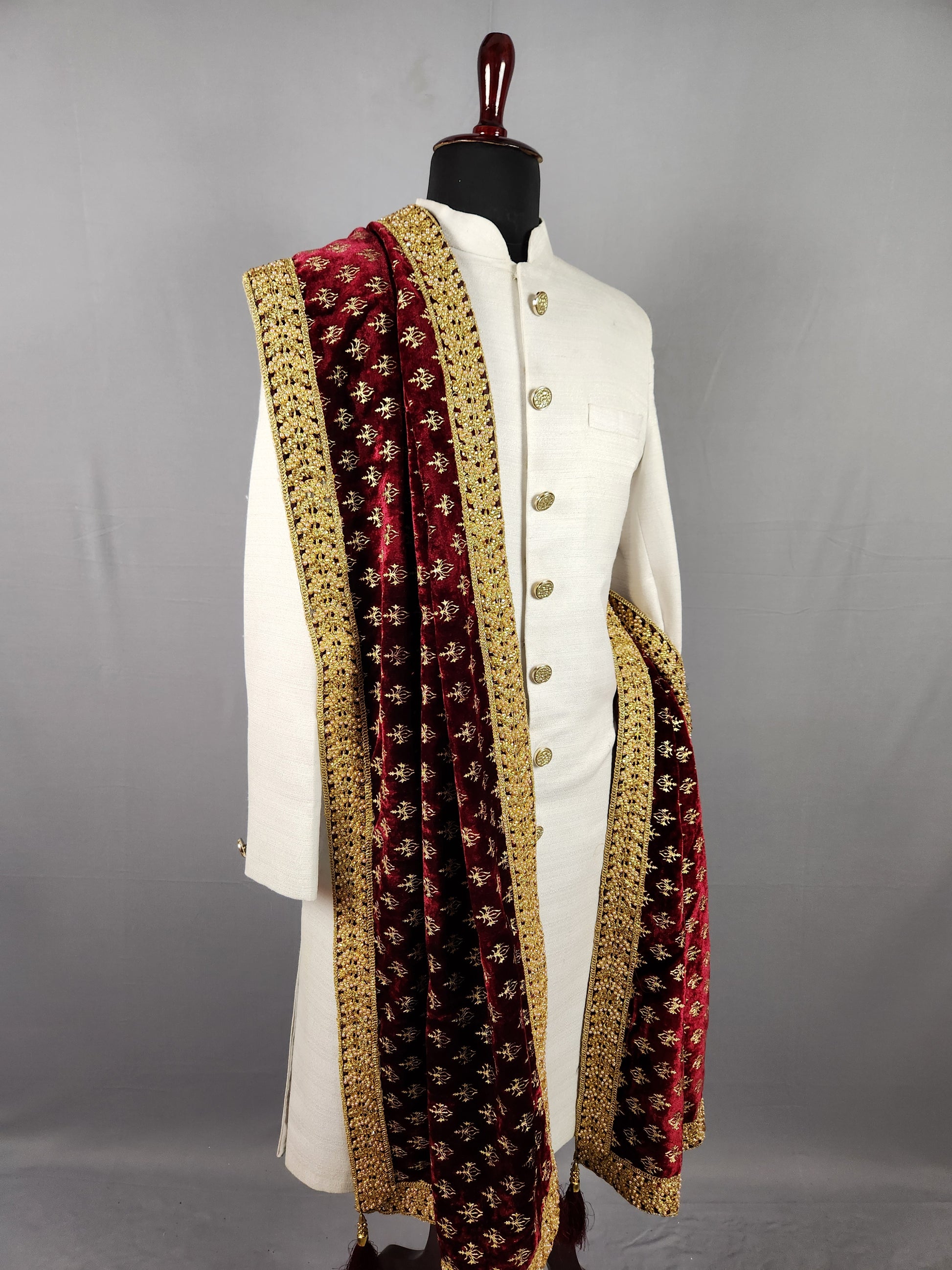 Red Gold Print Shawl Groom - Gold Embroidered Shawl
