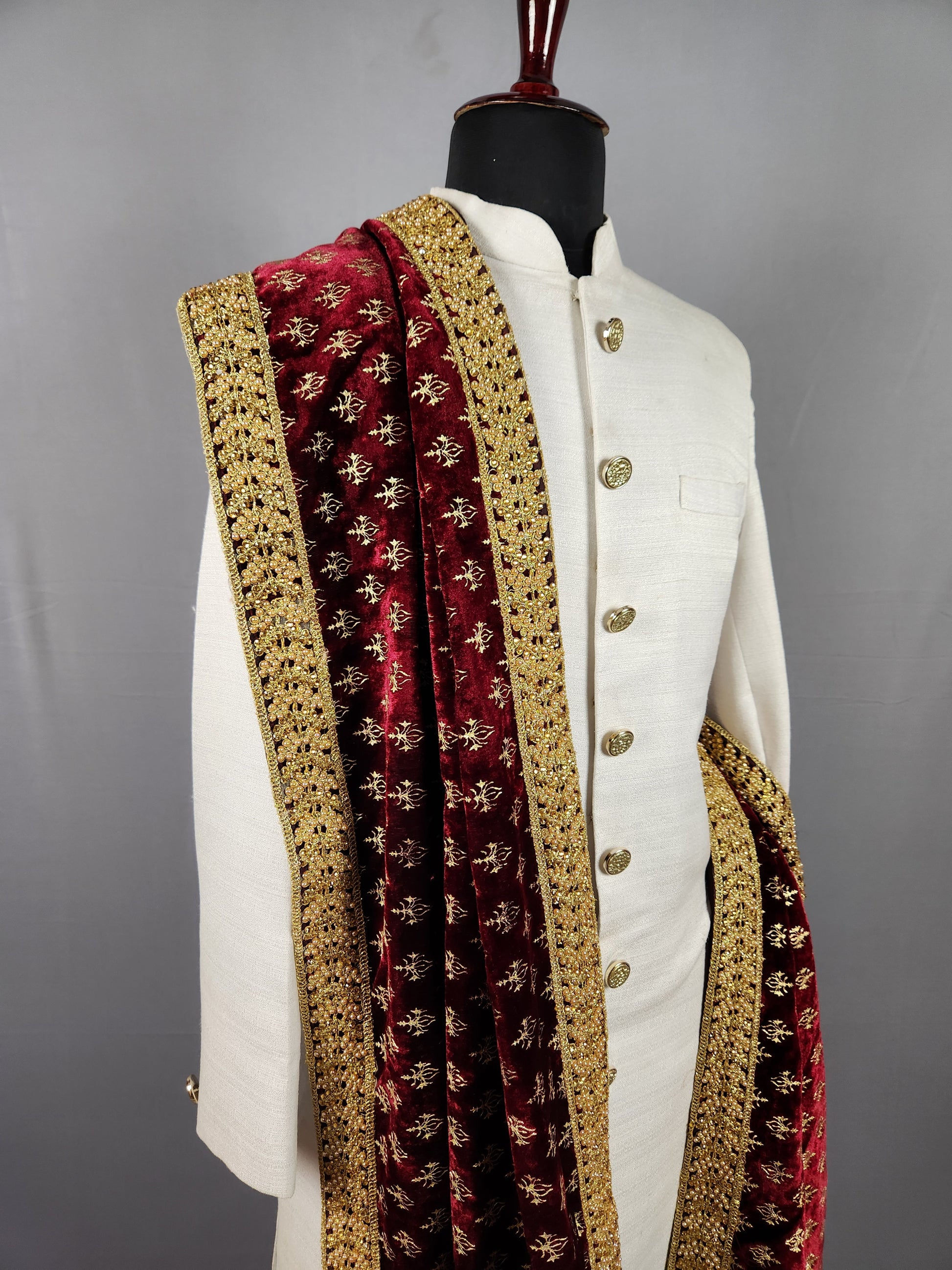 Red Gold Print Shawl Groom - Gold Embroidered Shawl