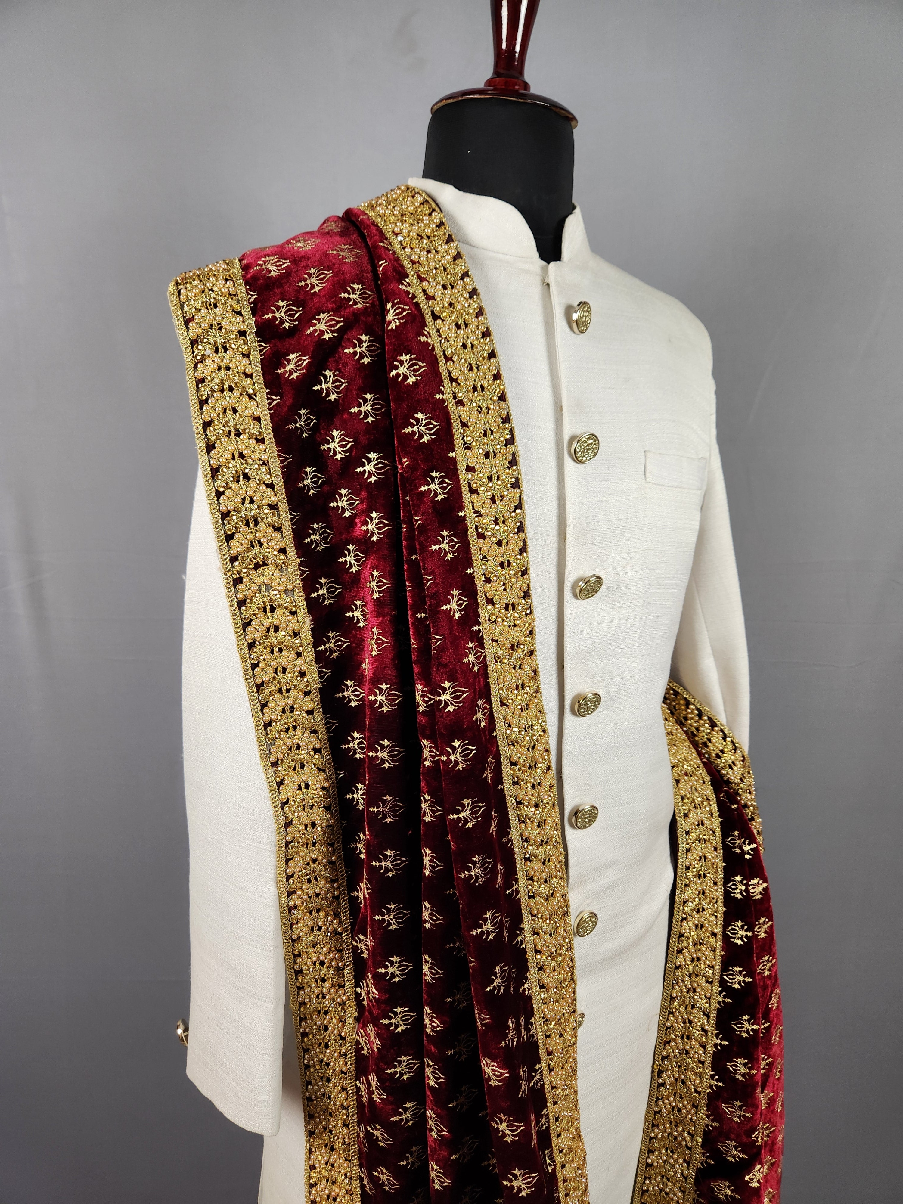 Red Gold Print Shawl Groom - Gold Embroidered Shawl