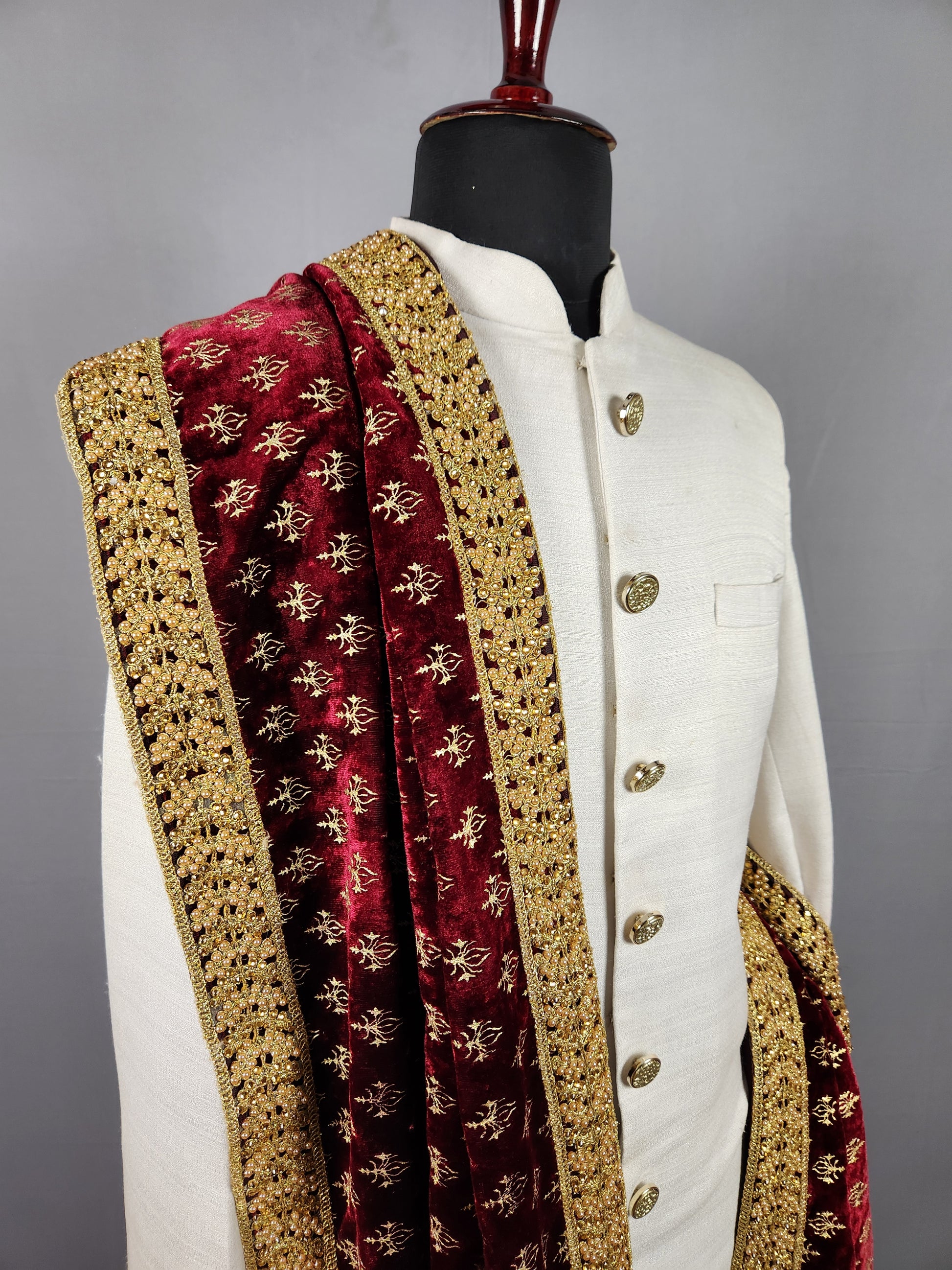 Red Gold Print Shawl Groom - Gold Embroidered Shawl