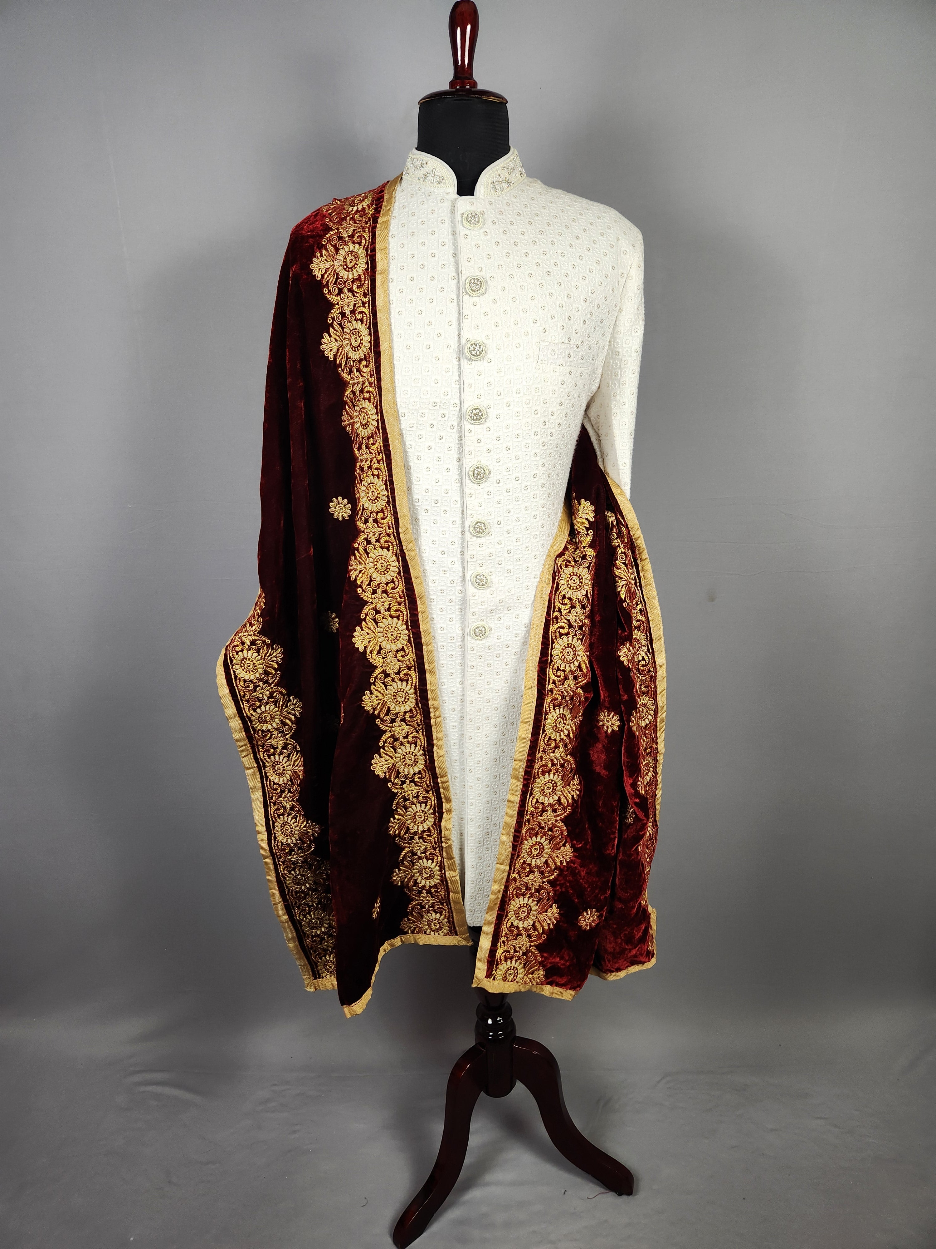 Red Groom Shawl - Golden Embroidery | Stole For Men