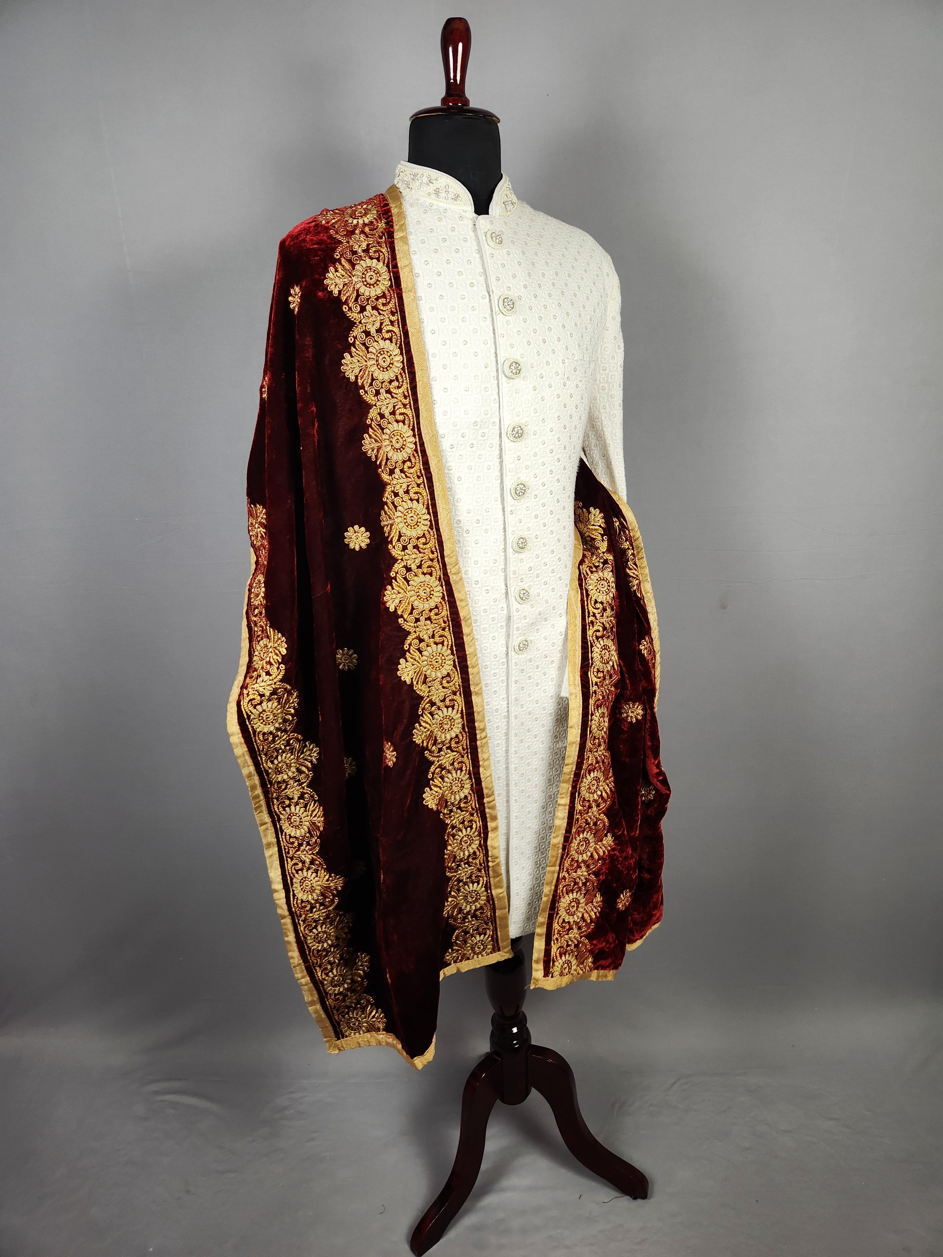 Red Groom Shawl - Golden Embroidery | Stole For Men