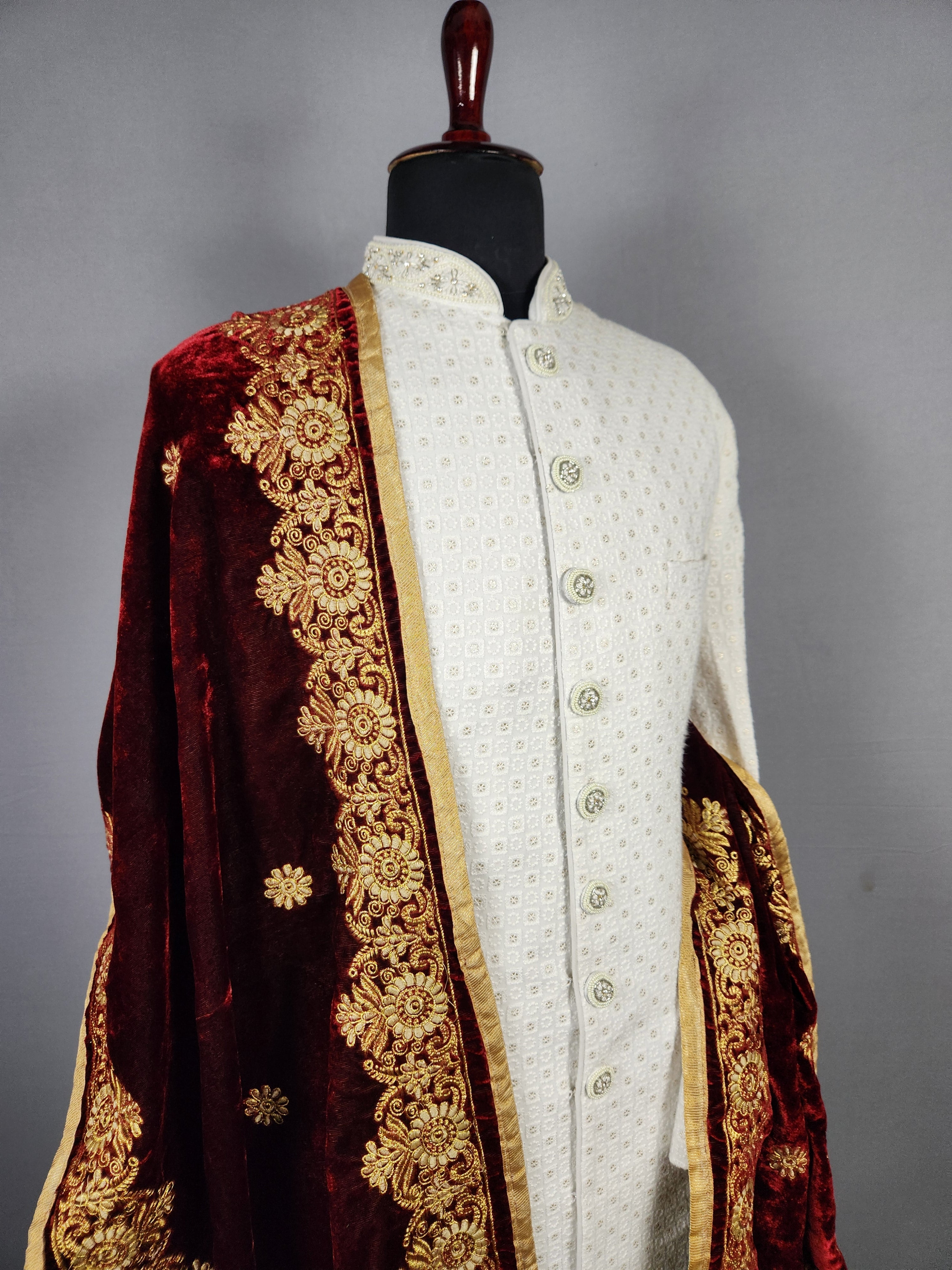 Red Groom Shawl - Golden Embroidery | Stole For Men