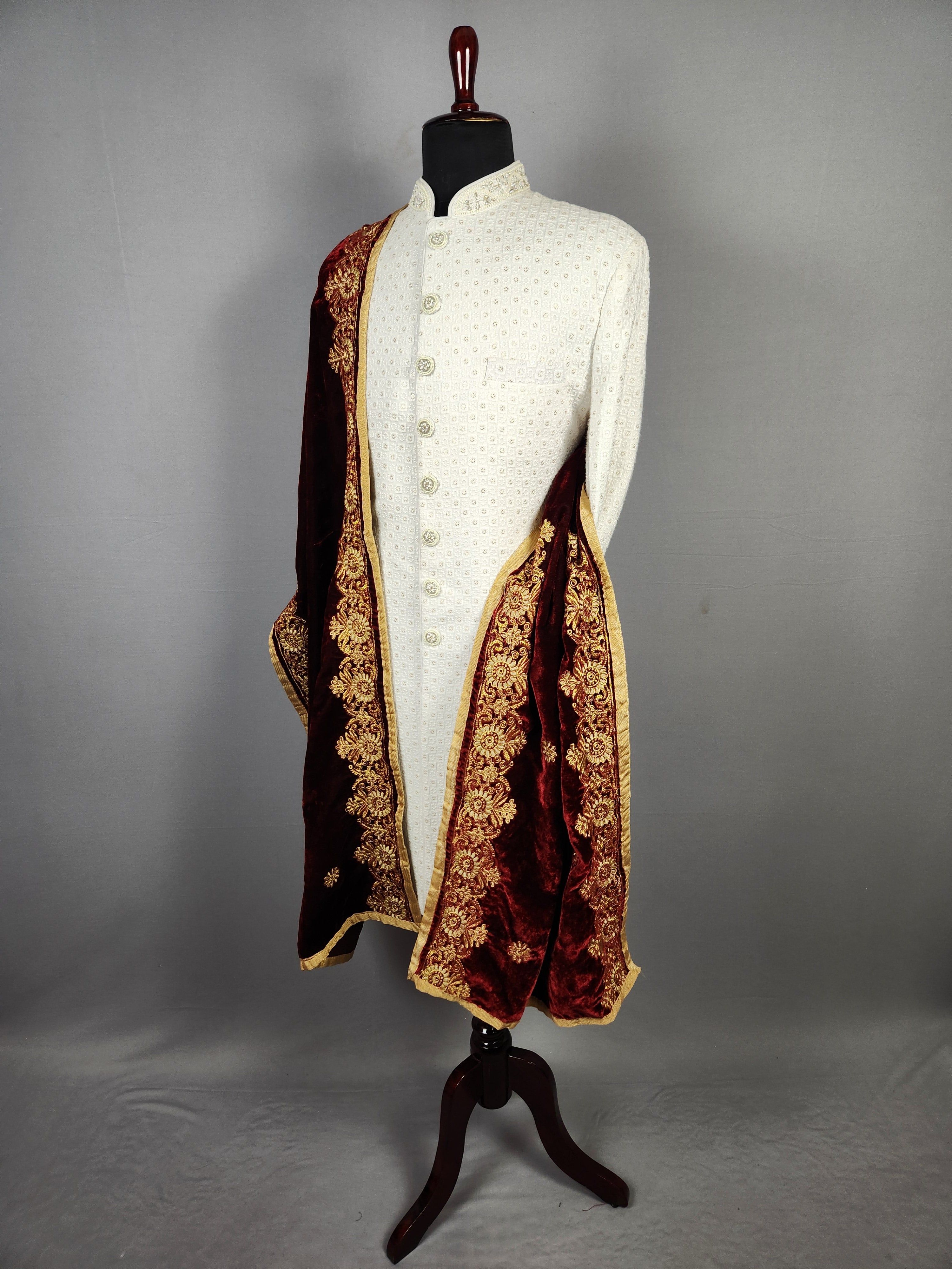 Red Groom Shawl - Golden Embroidery | Stole For Men