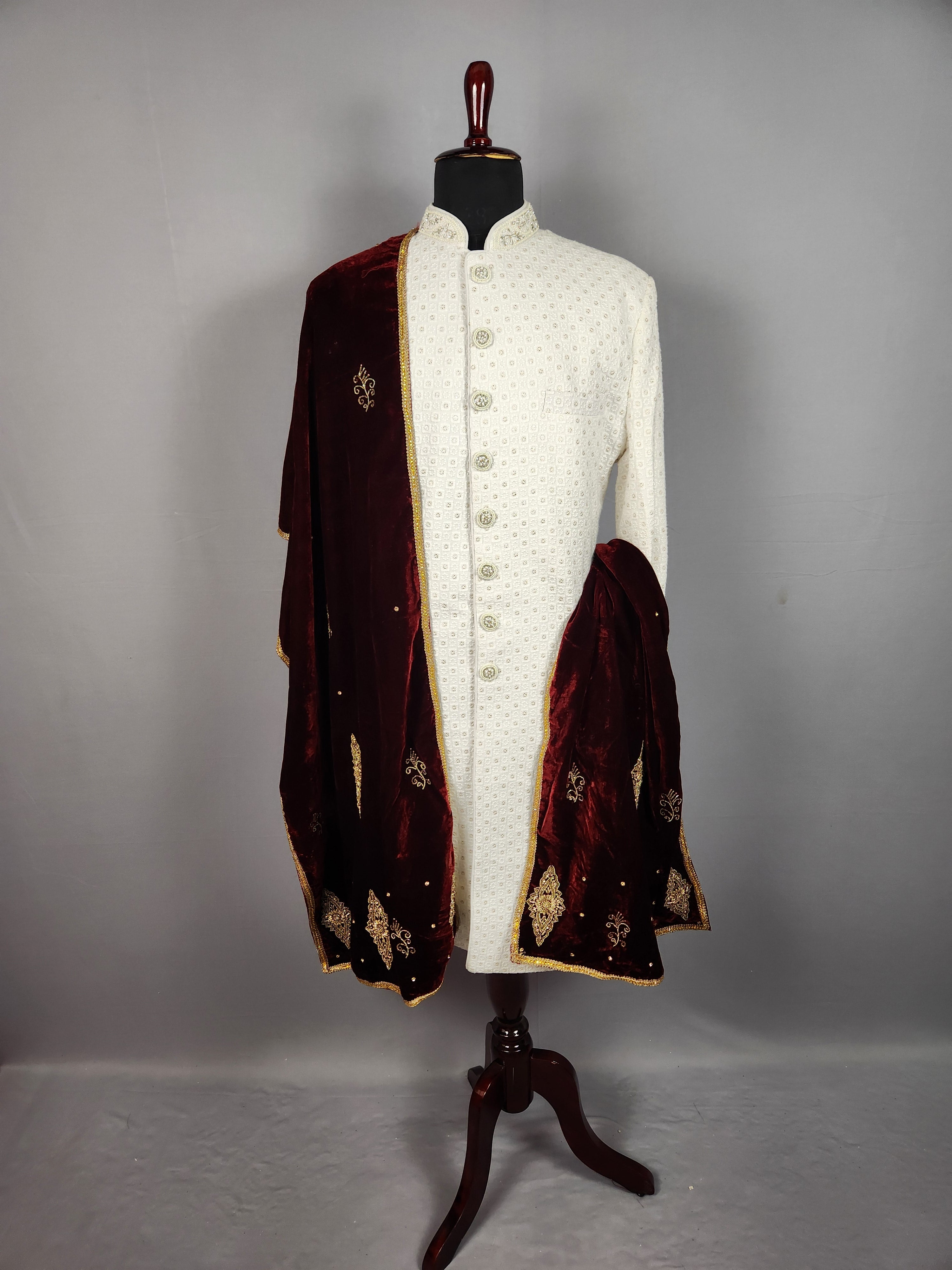 Red Groom Stole - Golden Zardozi Work | Shawl For Men