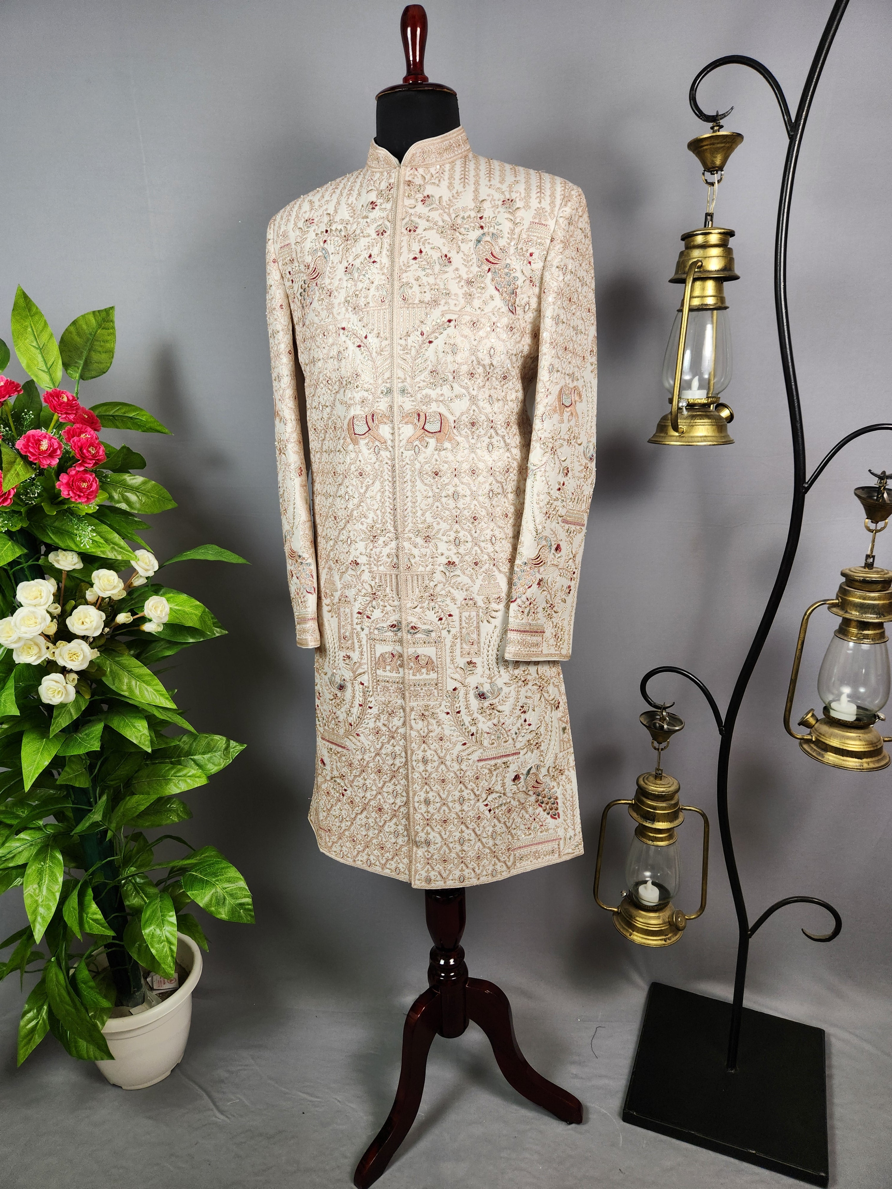 Rose Gold Sherwani for Groom Peacock Design -   Indian Wedding Outfit for Men