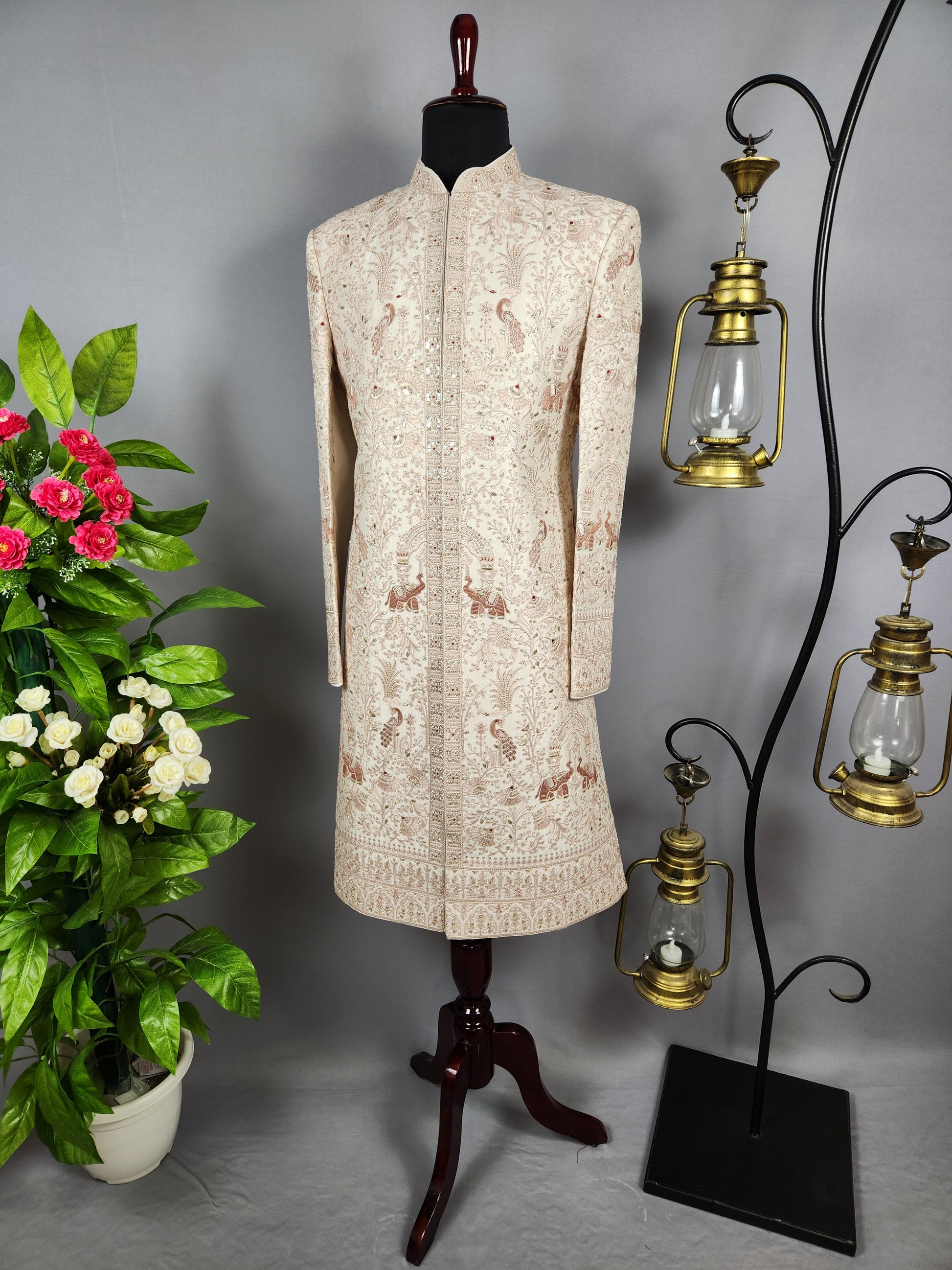 Rose Gold Sherwani for Groom Peacock Design -   Indian Wedding Outfit for Men