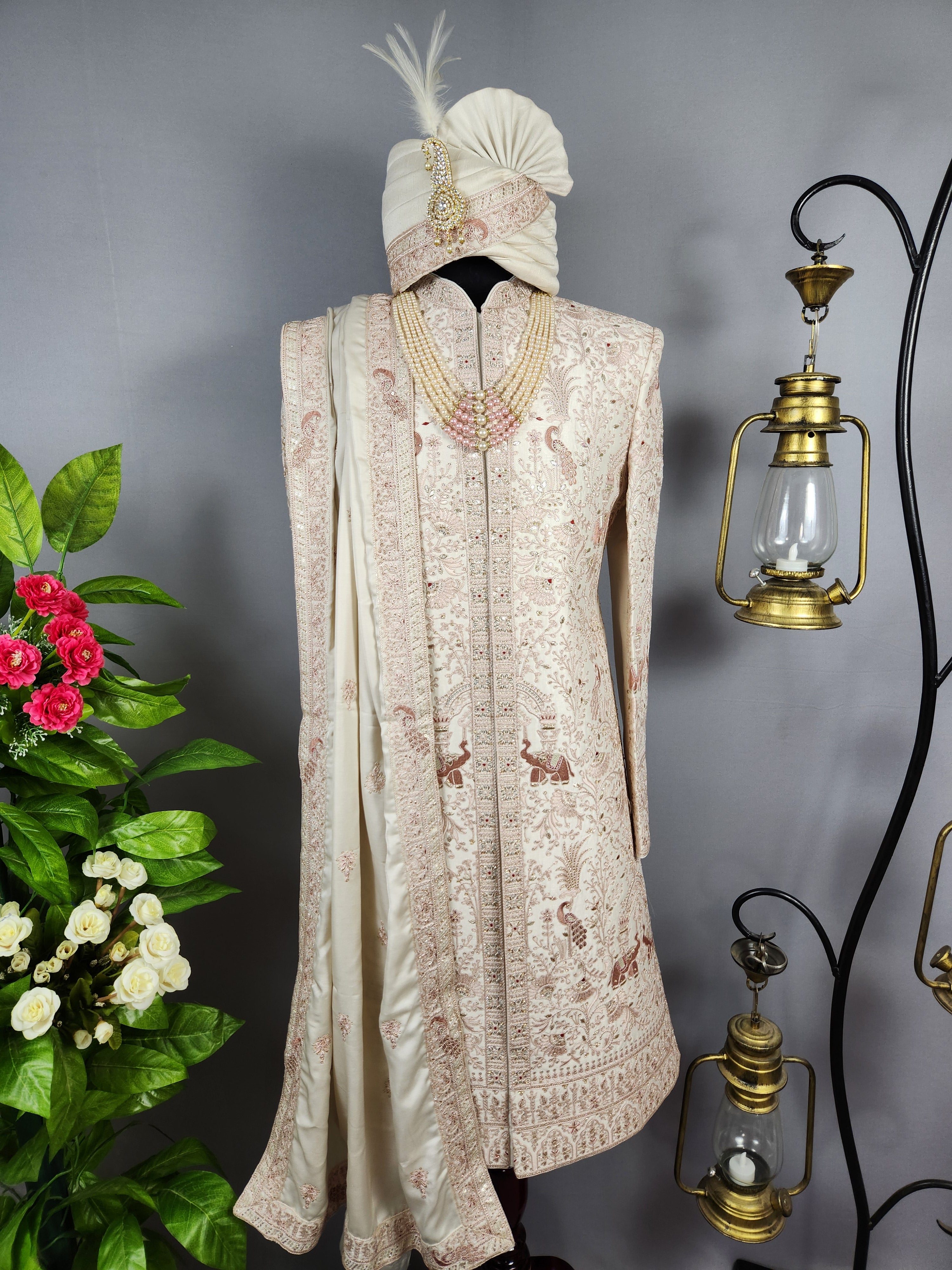 Rose Gold Sherwani for Groom Peacock Design -   Indian Wedding Outfit for Men