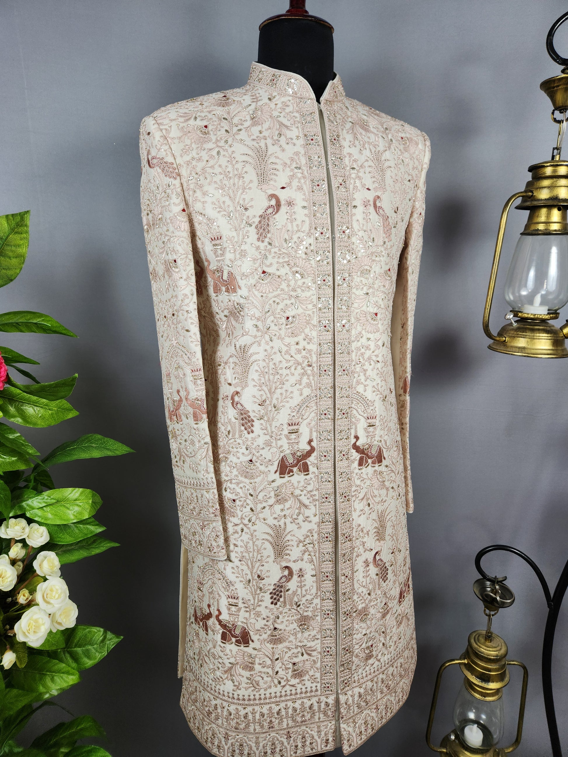 Rose Gold Sherwani for Groom Peacock Design -   Indian Wedding Outfit for Men