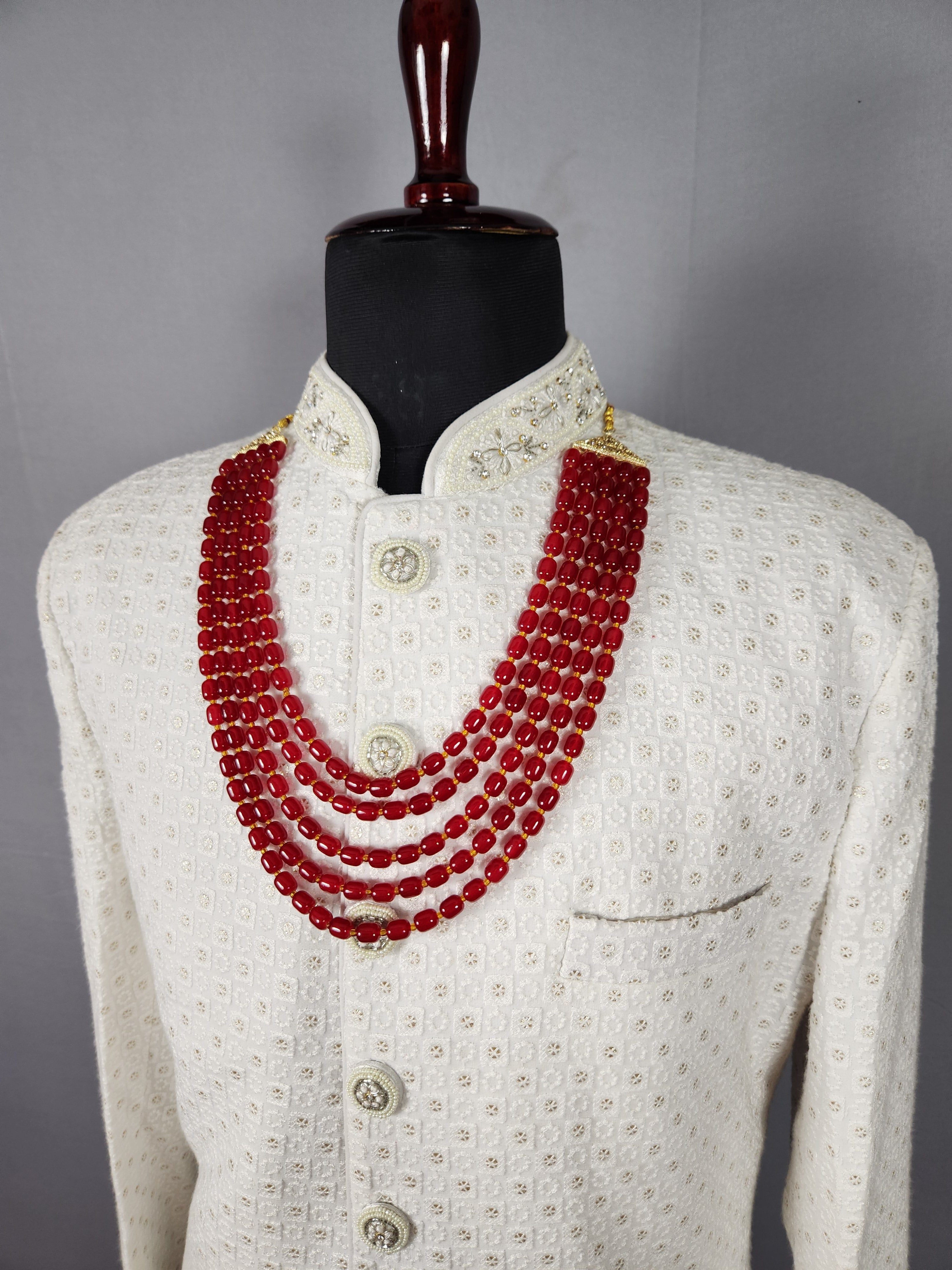 Ruby Red Necklace Groom - Traditional Kantha | Wedding Mala For Sherwani