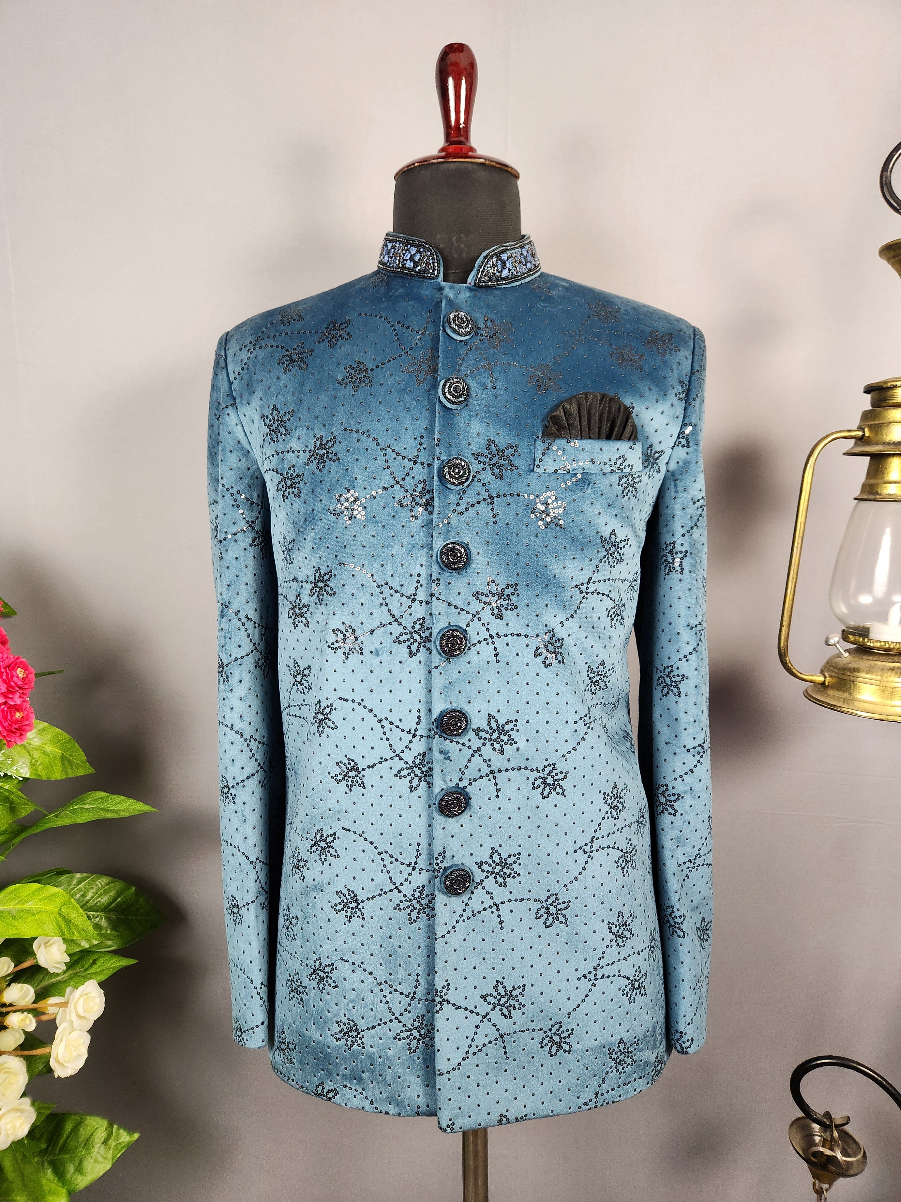 Teal Blue Jodhpuri Suit for Men  -   Indian Wedding Outfit for Men