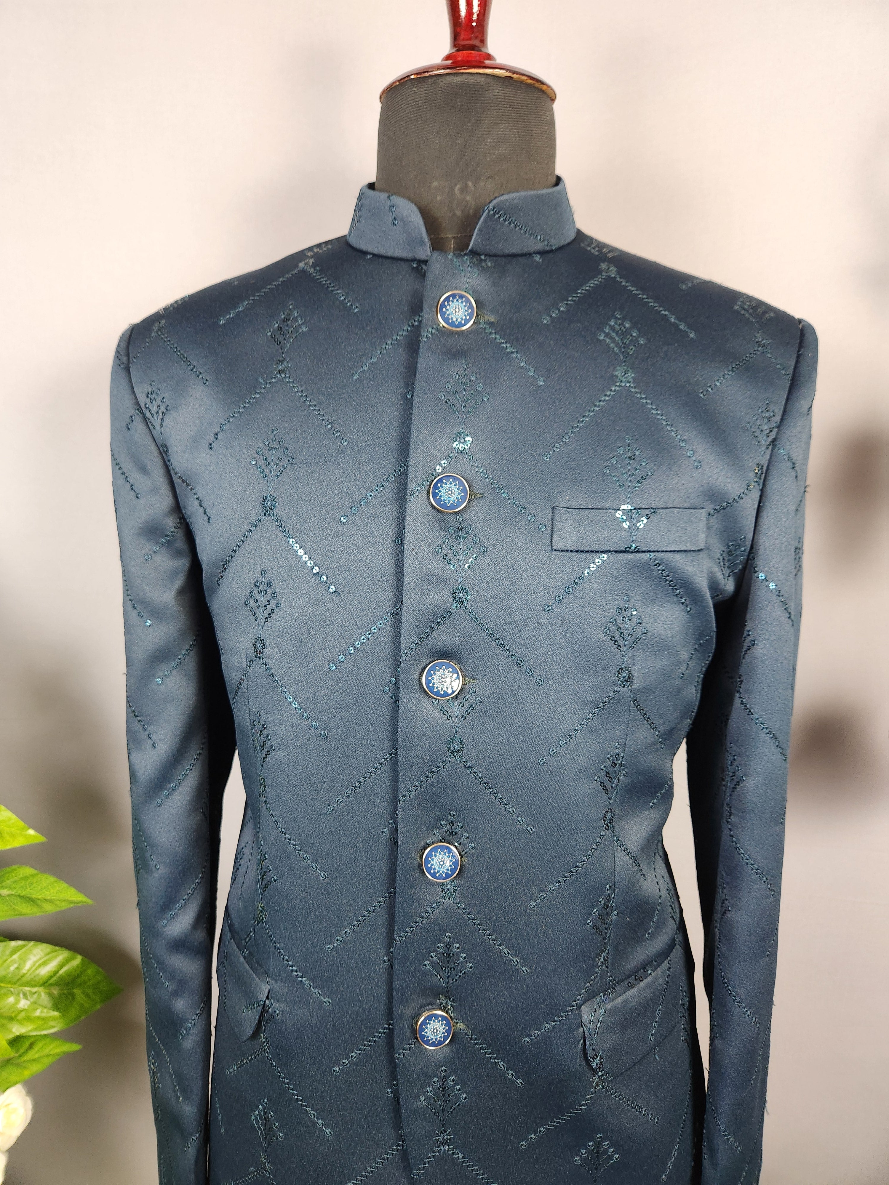 Teal Green Jodhpuri Suit for Men  -   Indian Wedding Outfit for Men
