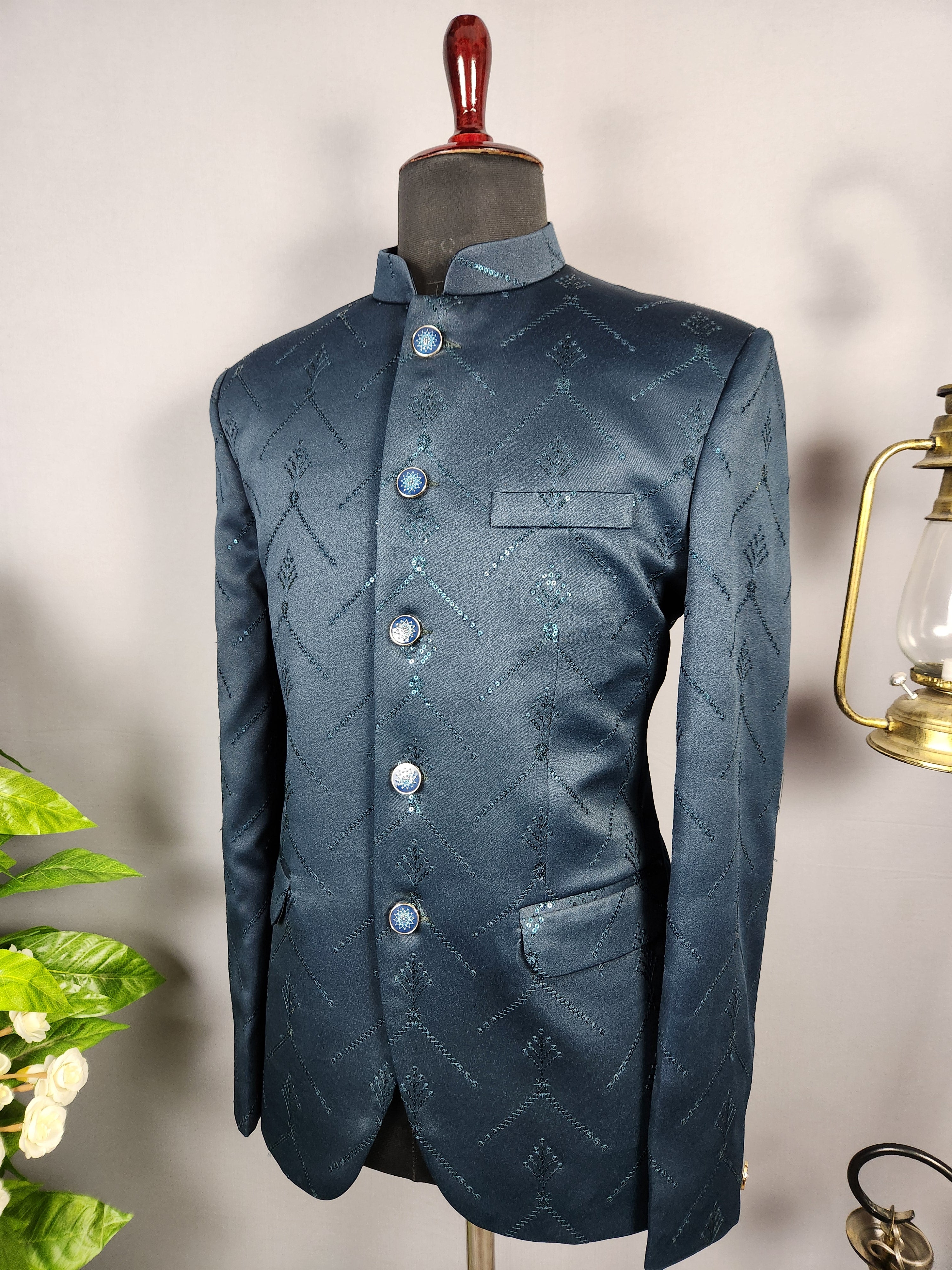 Teal Green Jodhpuri Suit for Men  -   Indian Wedding Outfit for Men