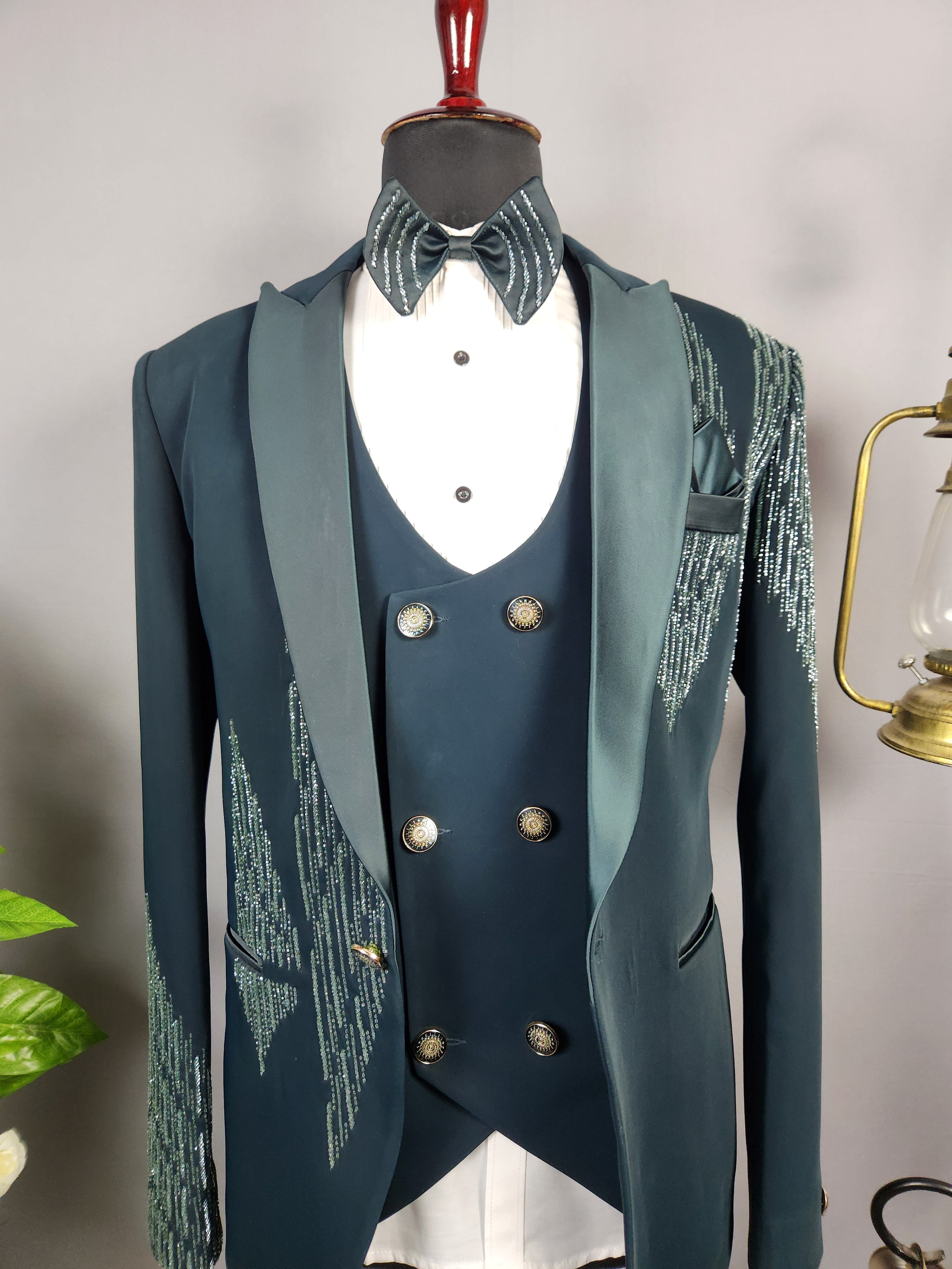 Men's teal green tuxedo suit for Indian groom, perfect for wedding and reception wear