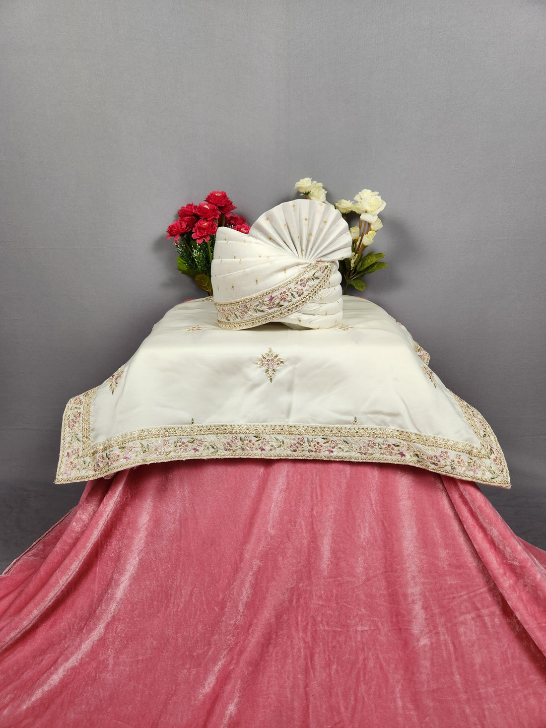 White Groom Turban Shawl With Pink Green Accent