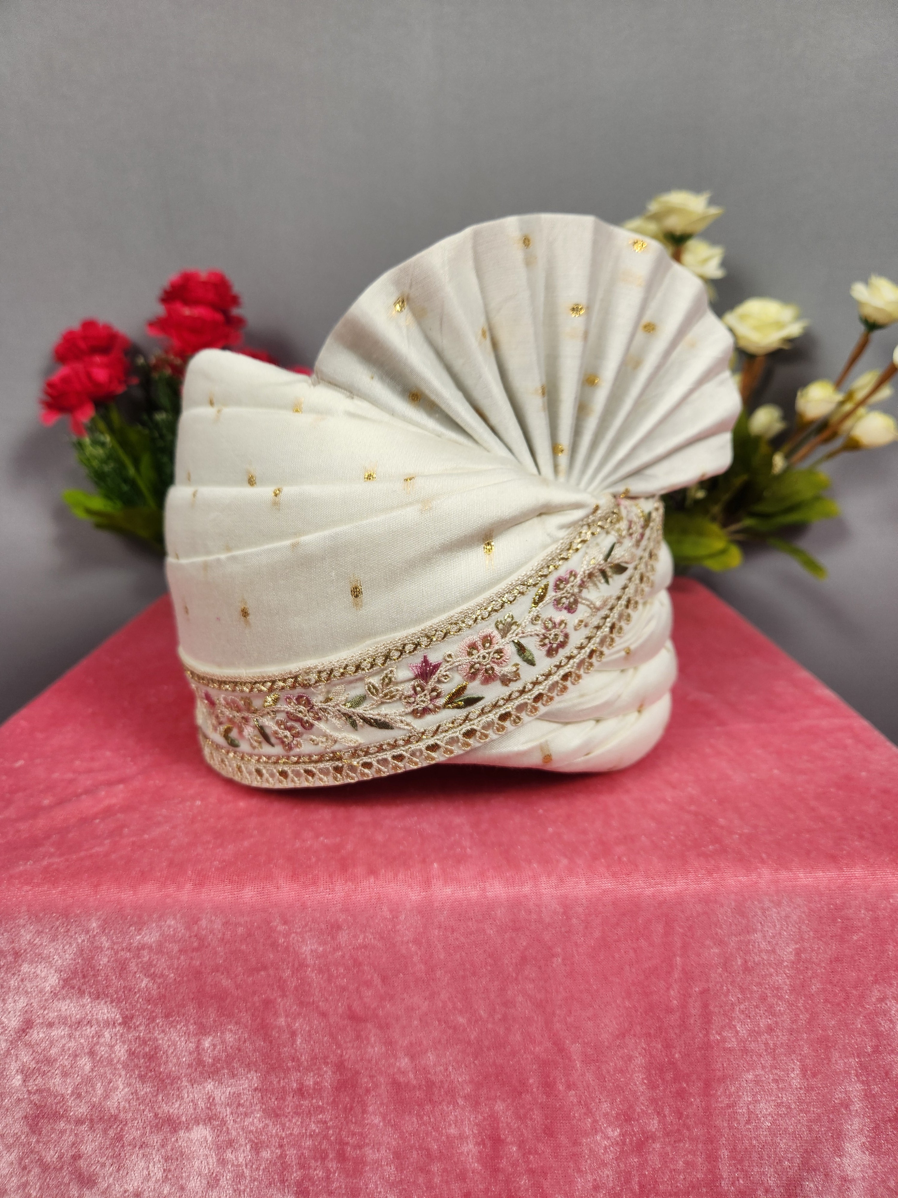 White Groom Turban Shawl With Pink Green Accent | Dupatta Safa Set For Men