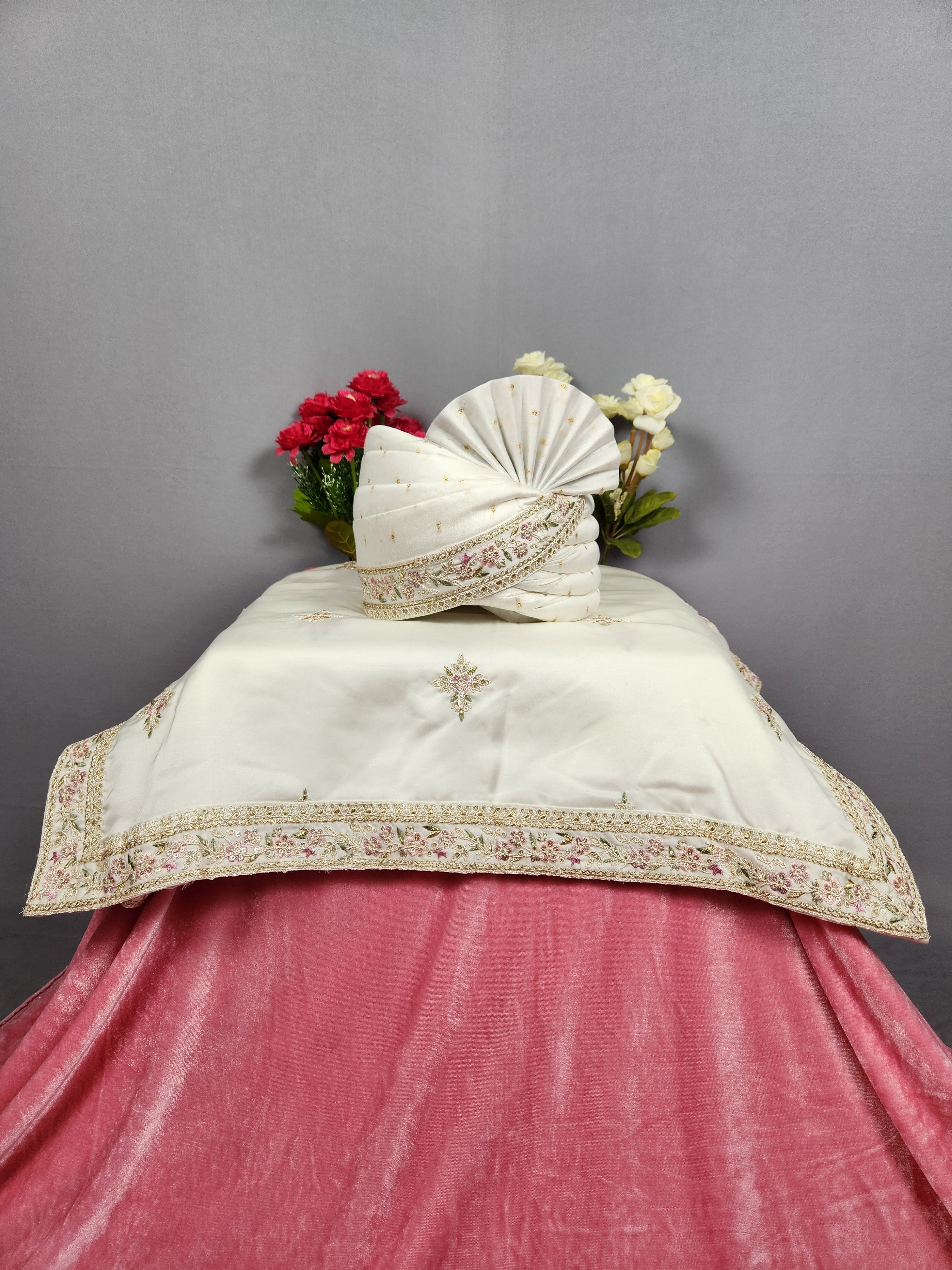 White Groom Turban Shawl With Pink Green Accent | Dupatta Safa Set For Men