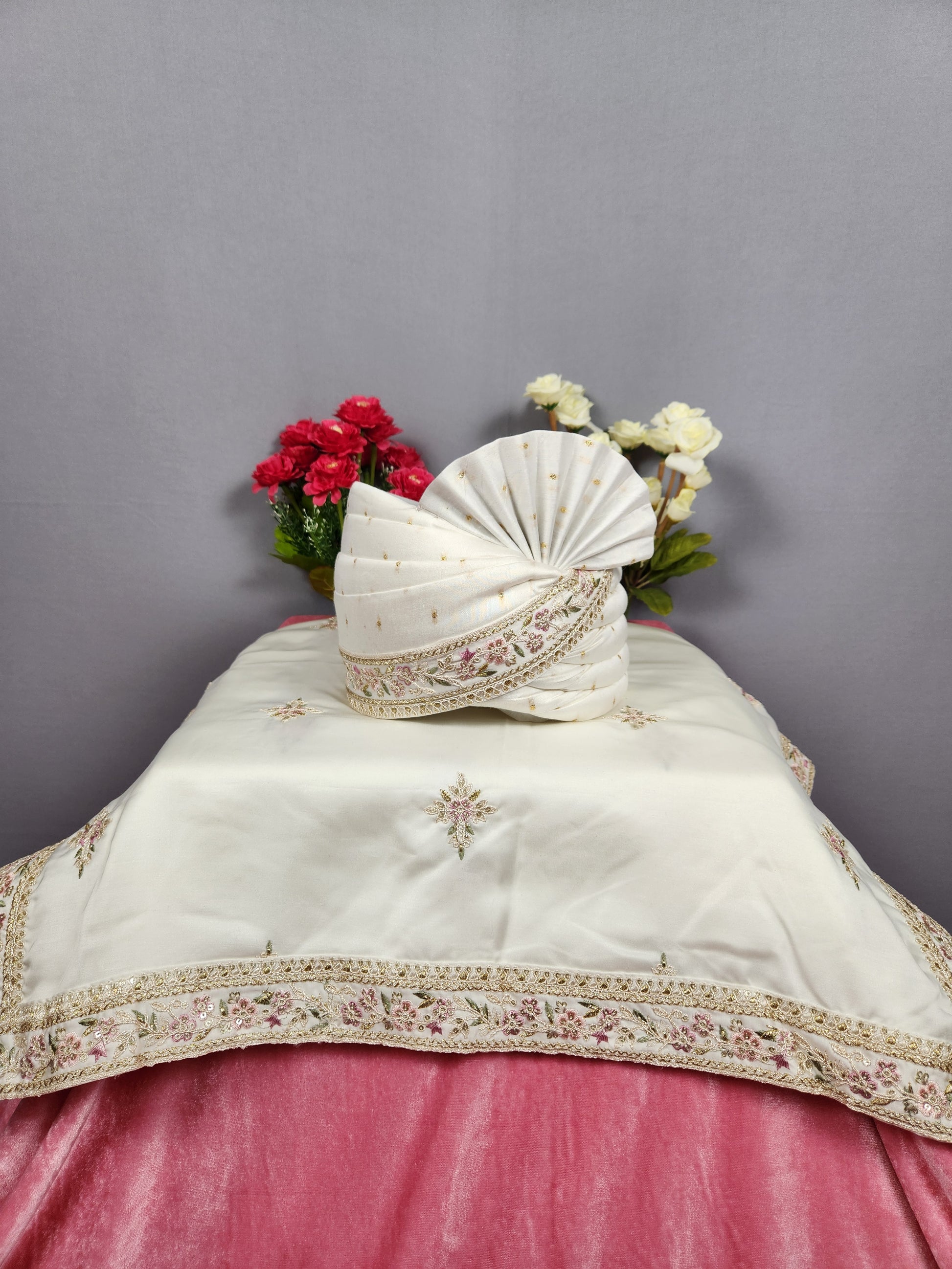 White Groom Turban Shawl With Pink Green Accent