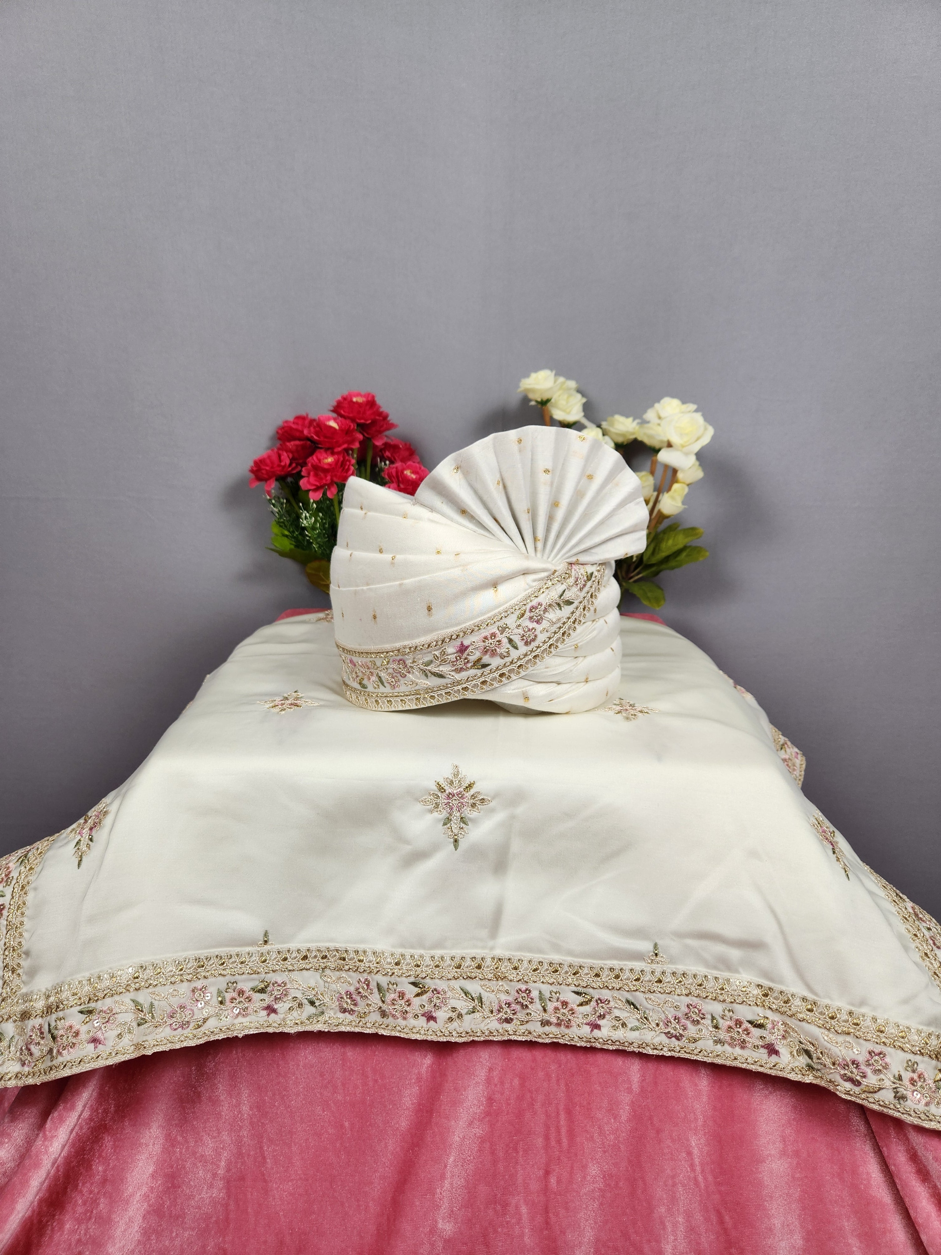 White Groom Turban Shawl With Pink Green Accent