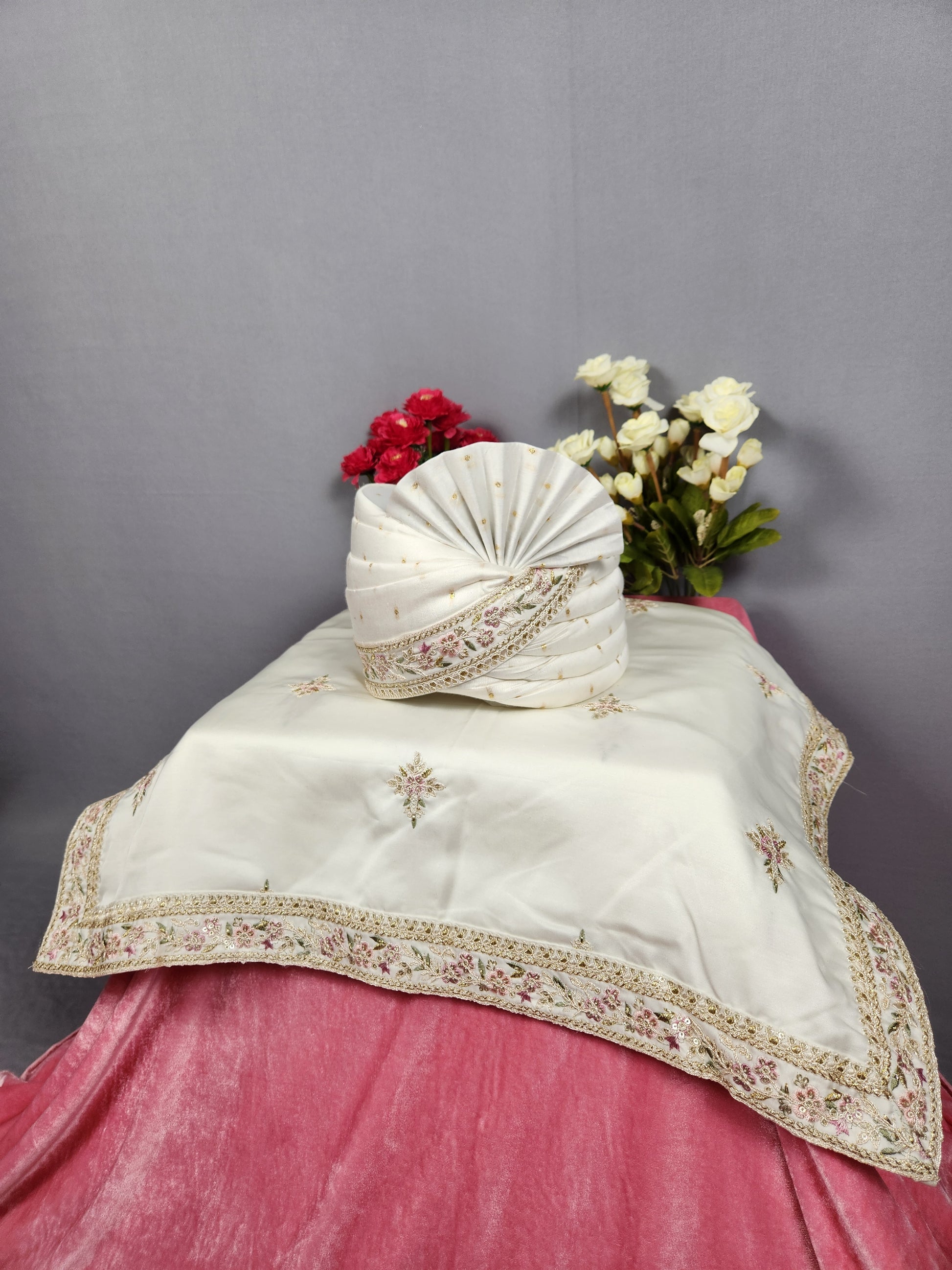 White Groom Turban Shawl With Pink Green Accent