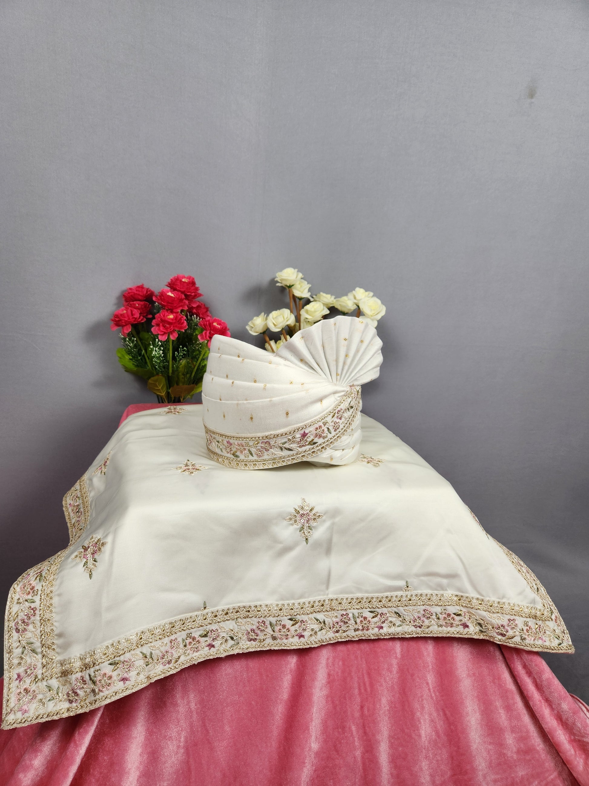 White Groom Turban Shawl With Pink Green Accent